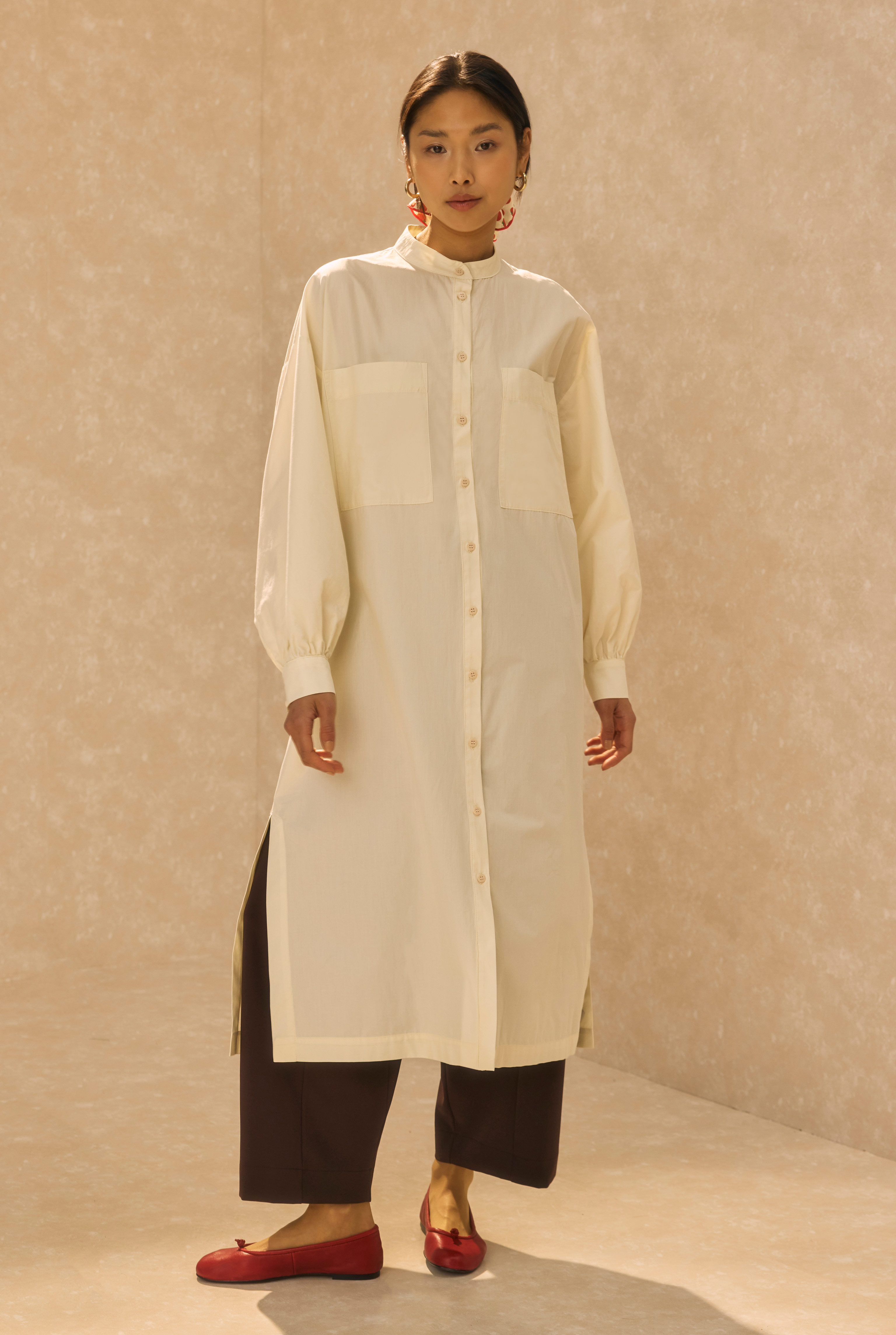 Mandarin Collar Long Tunic Bone - 1