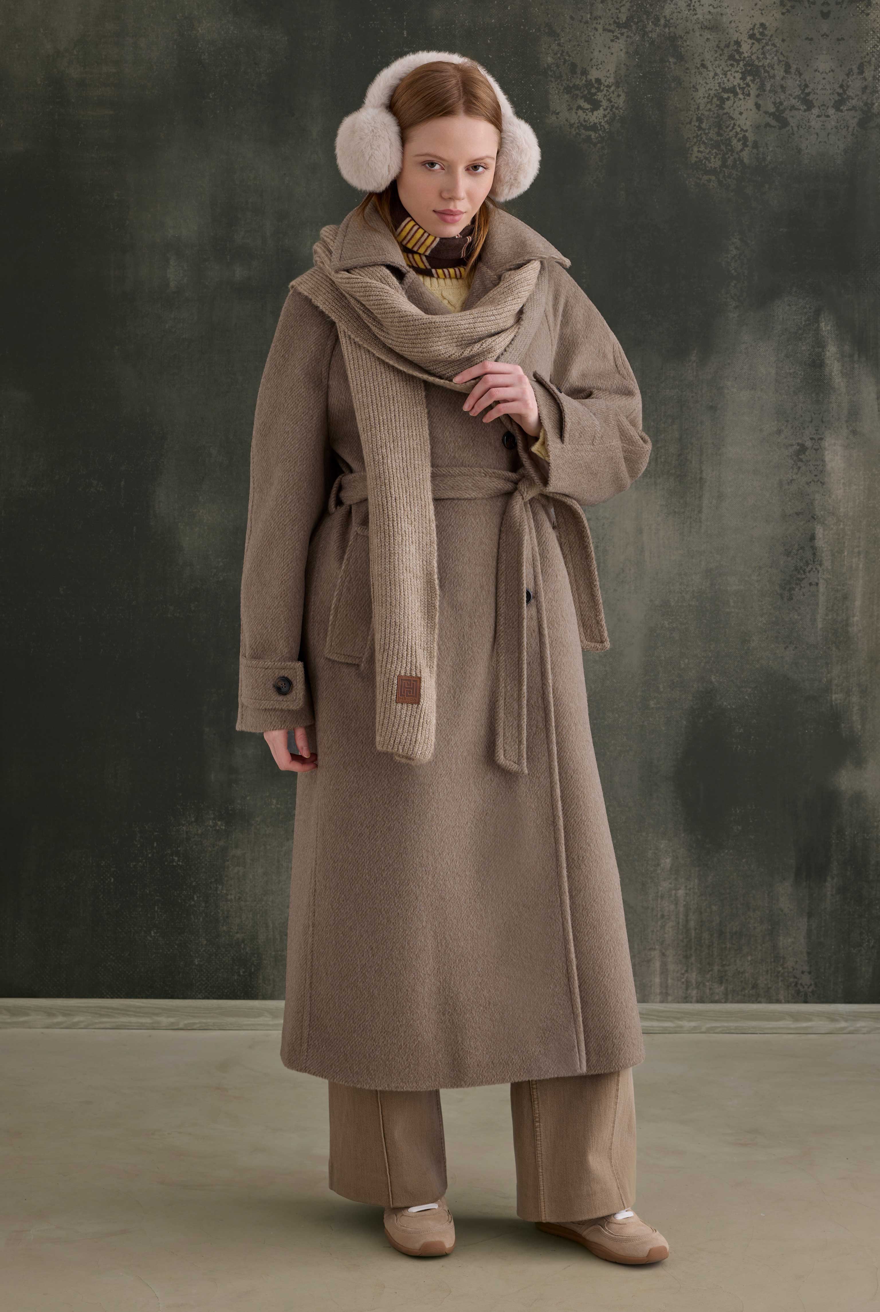 Belted Long Coat Dark Mink - HE-QA