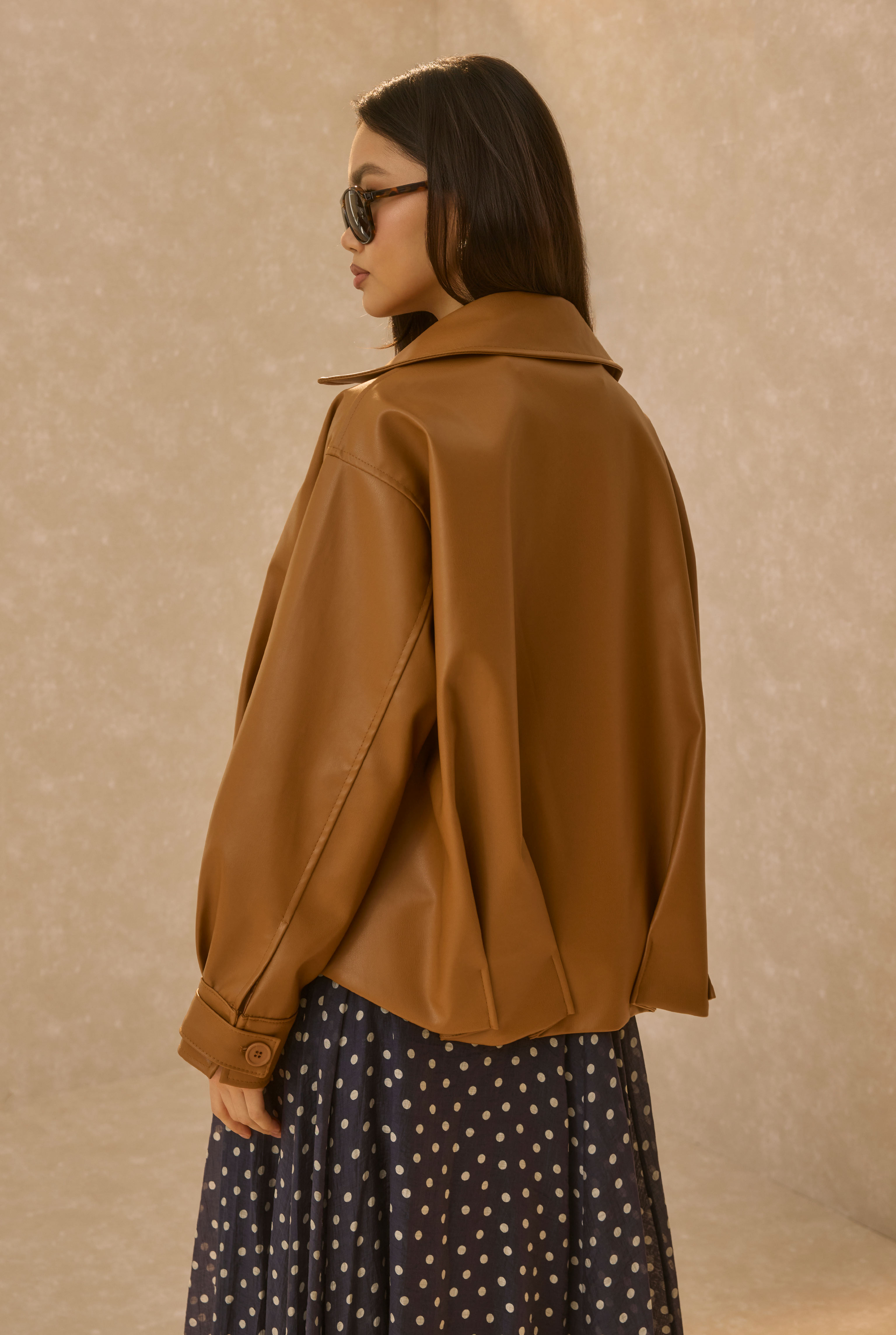 Pleat Detailed Leather Jacket Tan - 5