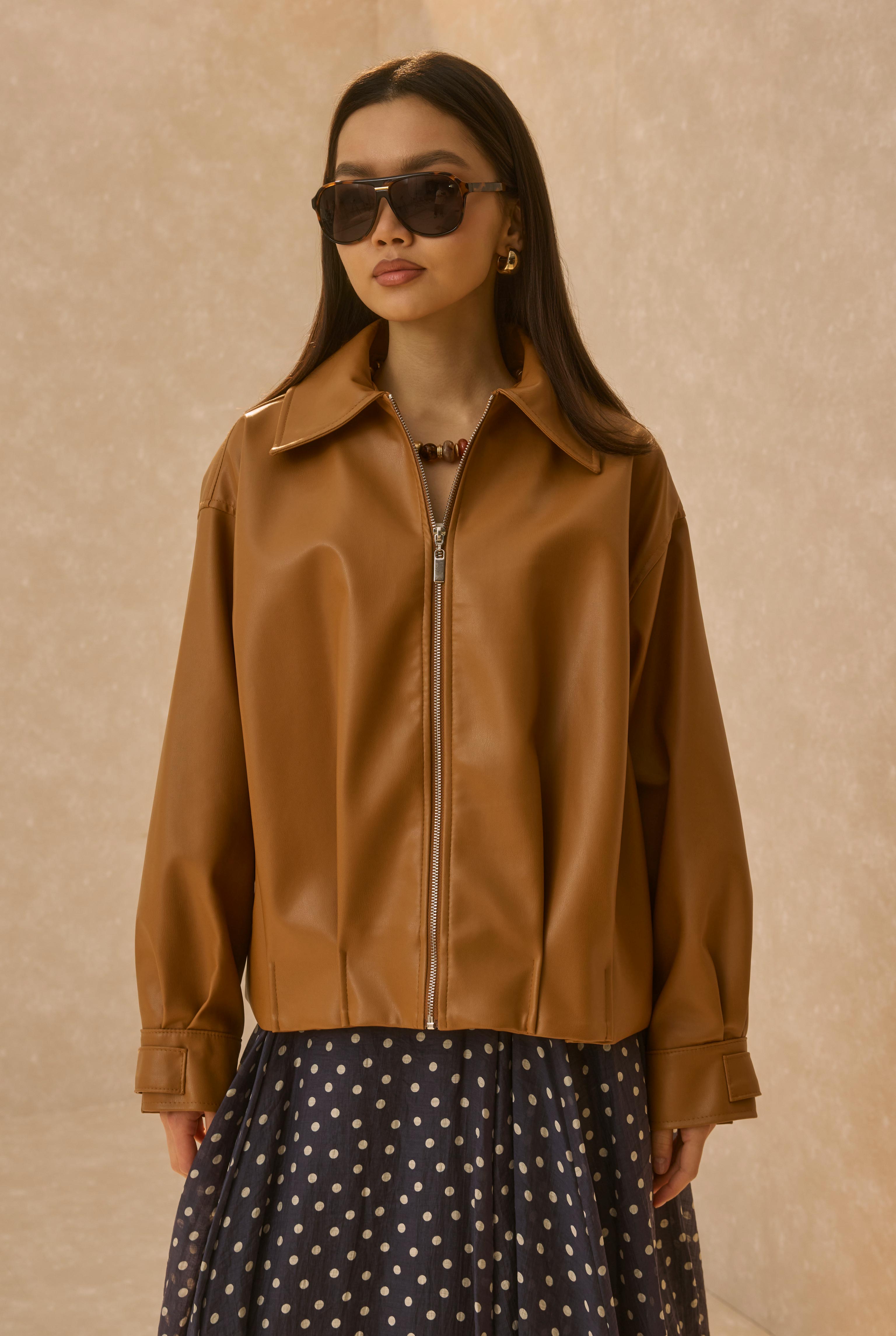 Pleat Detailed Leather Jacket Tan - 2