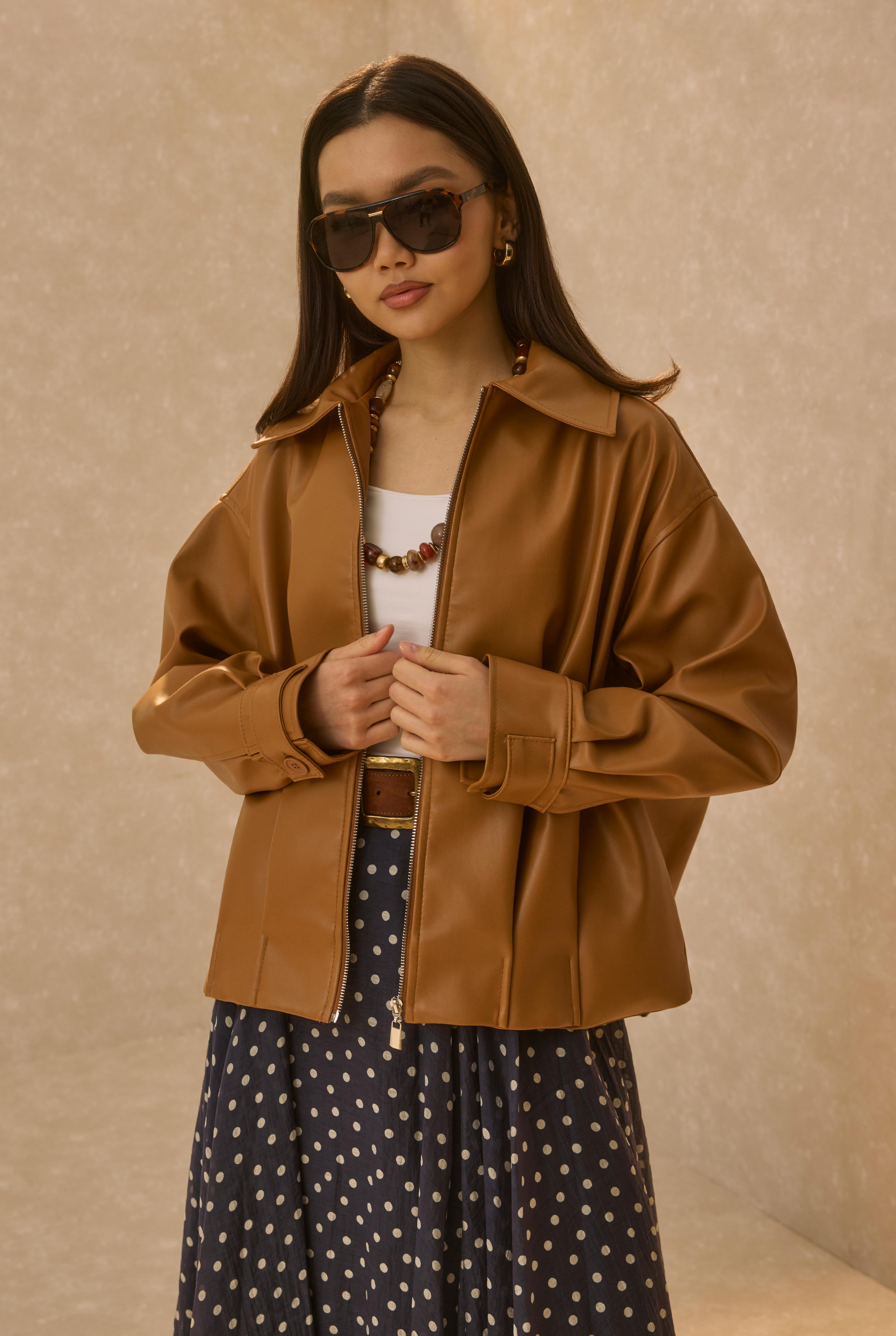 Pleat Detailed Leather Jacket Tan - 3