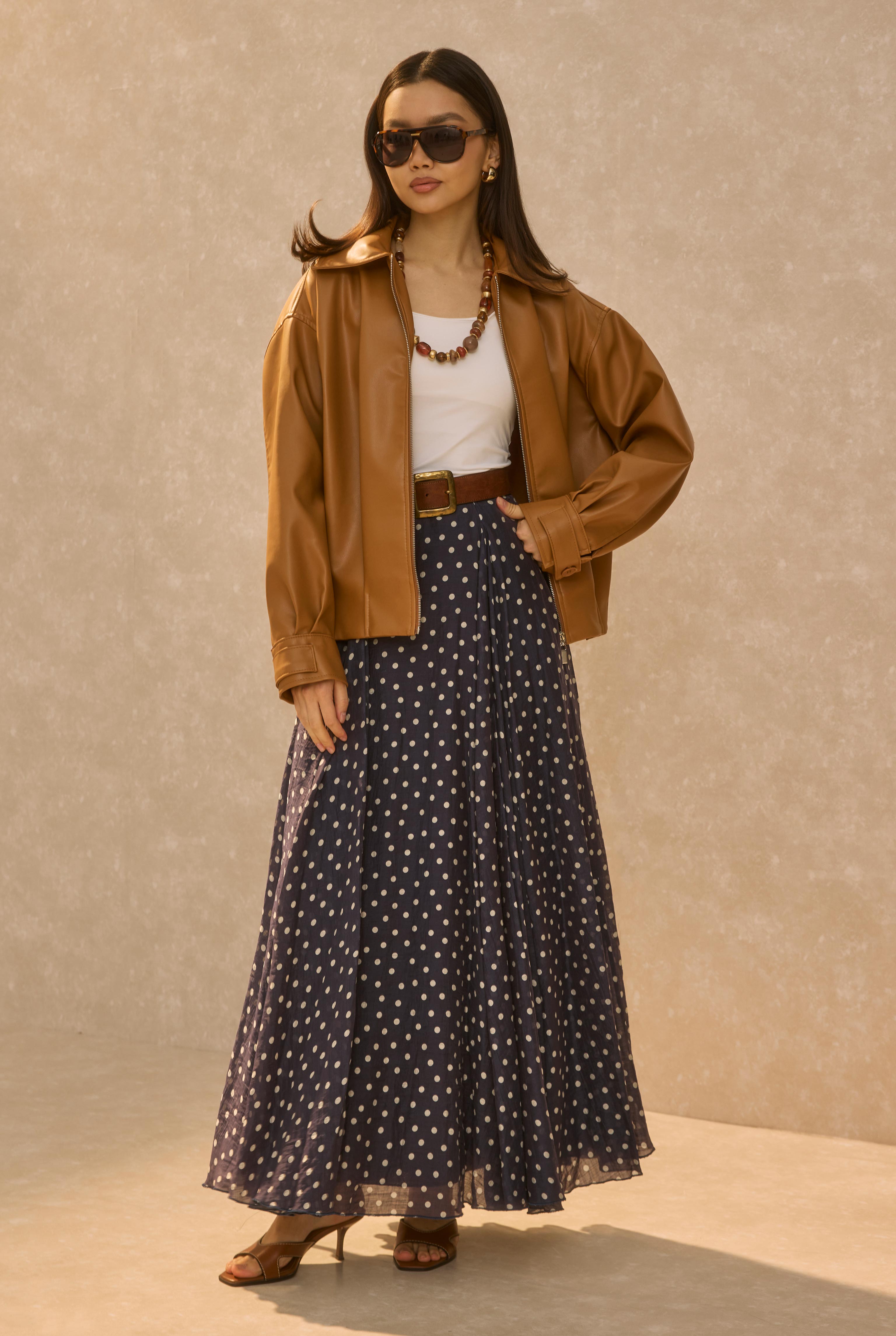 Pleat Detailed Leather Jacket Tan - 4