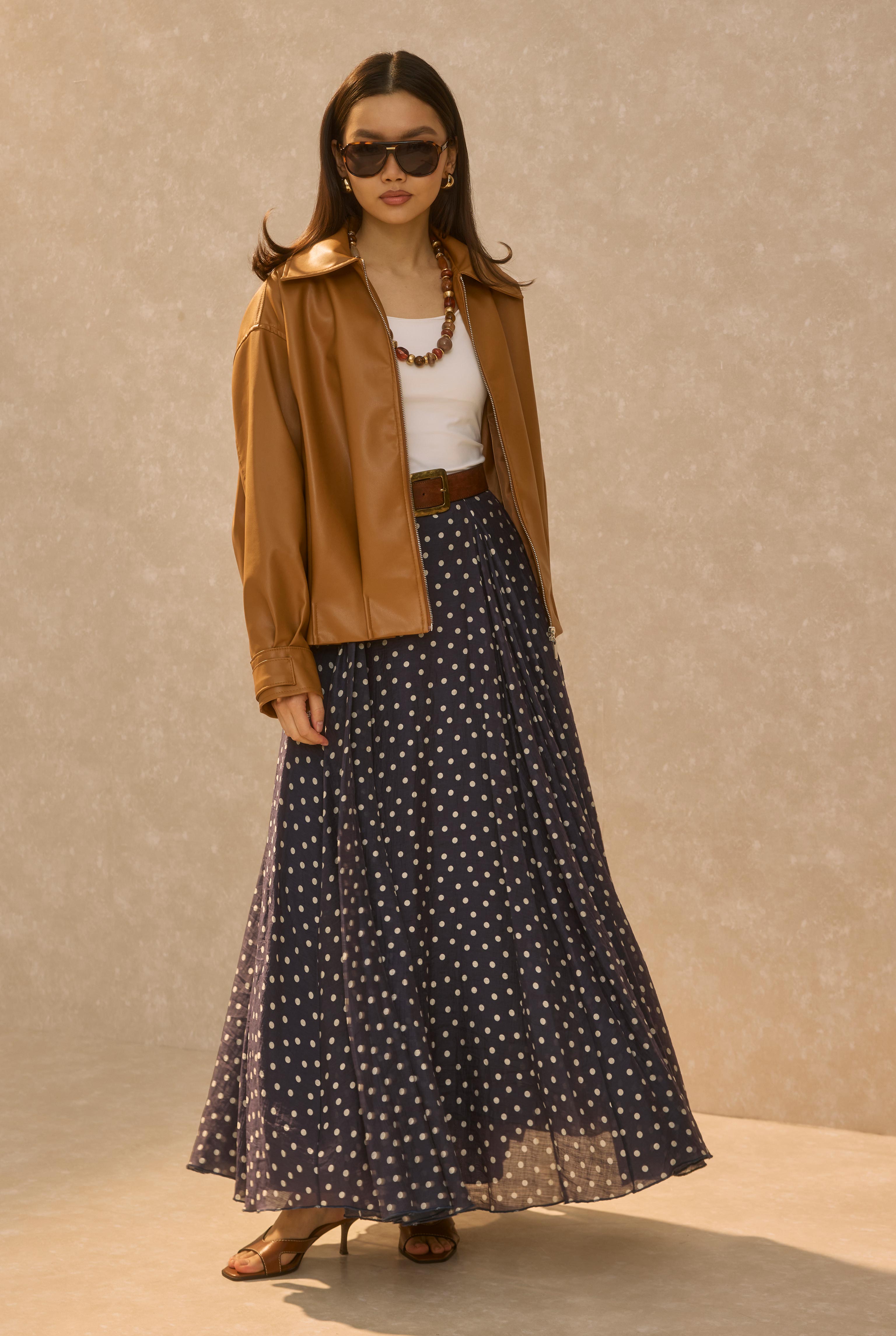 Pleat Detailed Leather Jacket Tan - 1