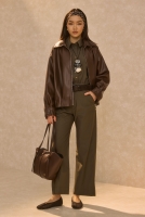 Pleat Detailed Leather Jacket Dark Brown 