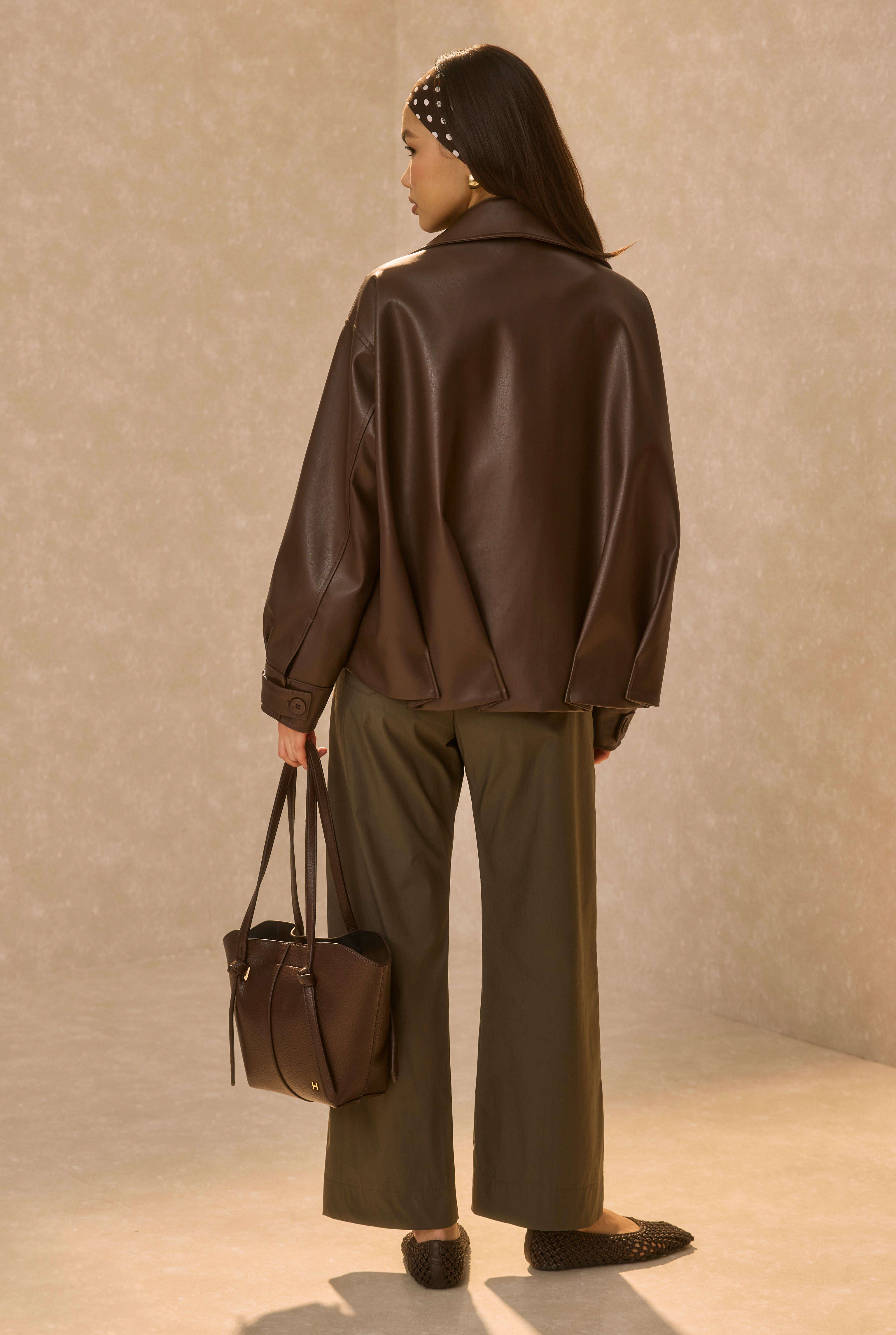 Pleat Detailed Leather Jacket Dark Brown - 3