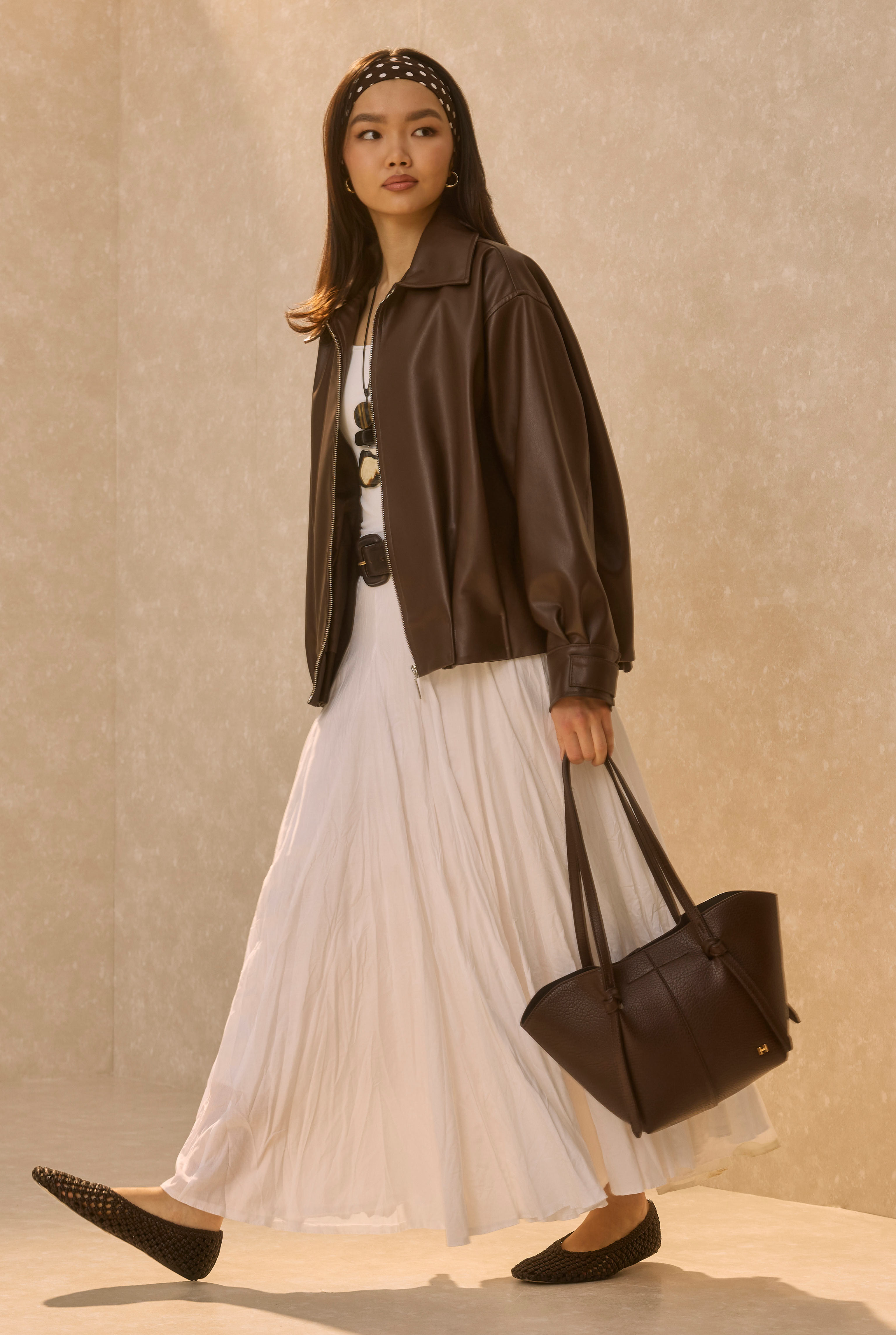 Pleat Detailed Leather Jacket Dark Brown - 4