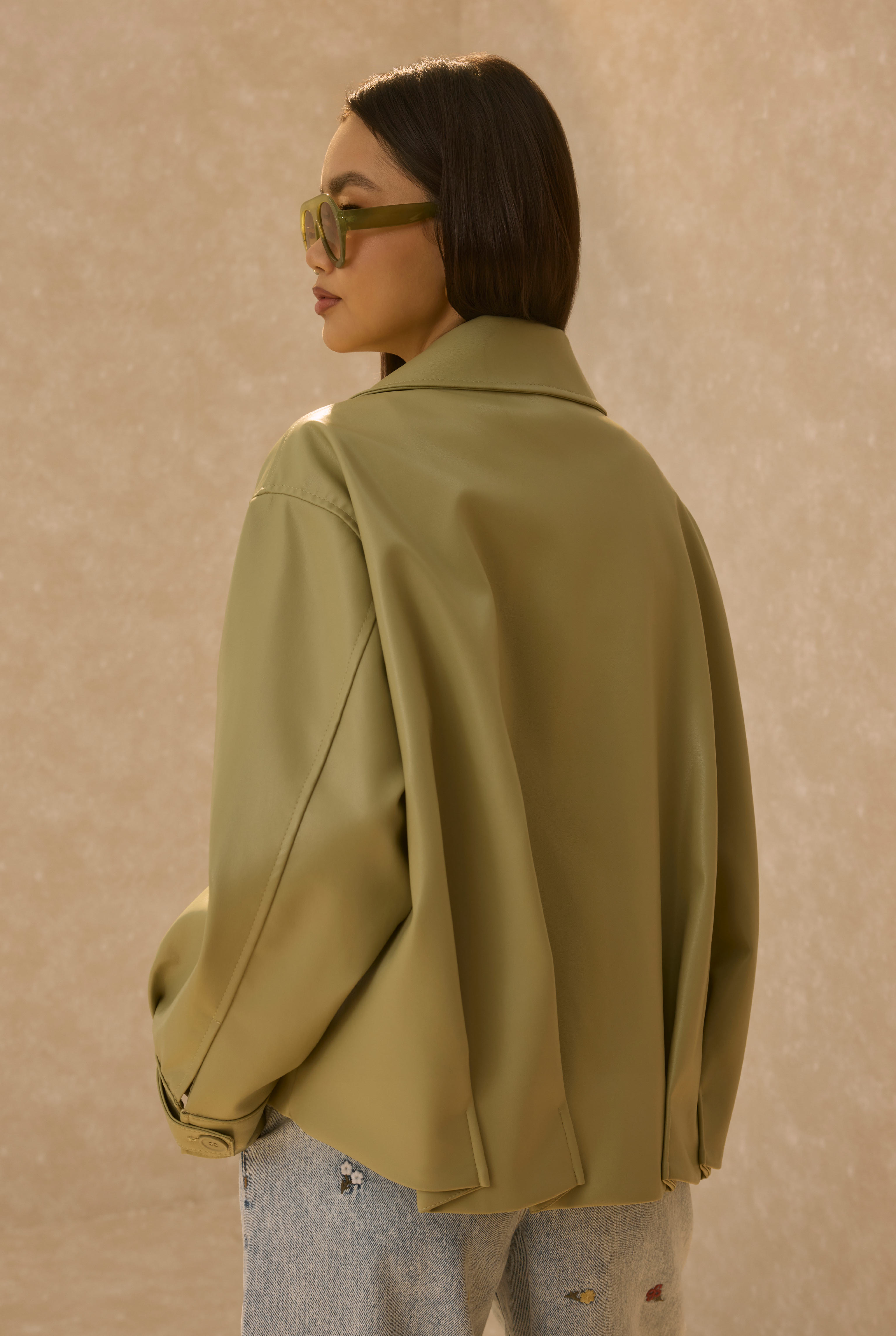 Pleat Detailed Leather Jacket Sage Green - 5