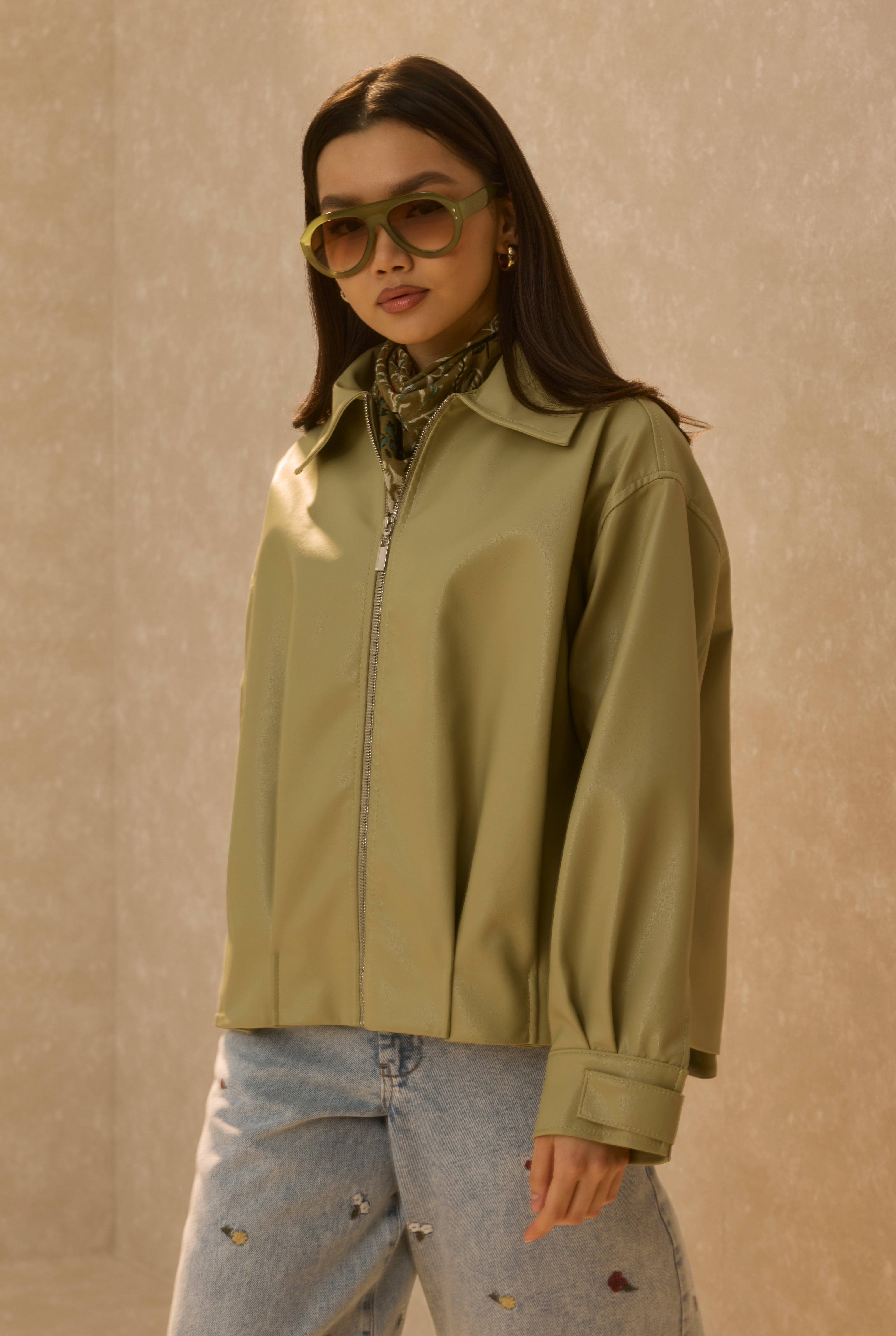 Pleat Detailed Leather Jacket Sage Green - 3