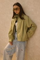 Pleat Detailed Leather Jacket Sage Green 