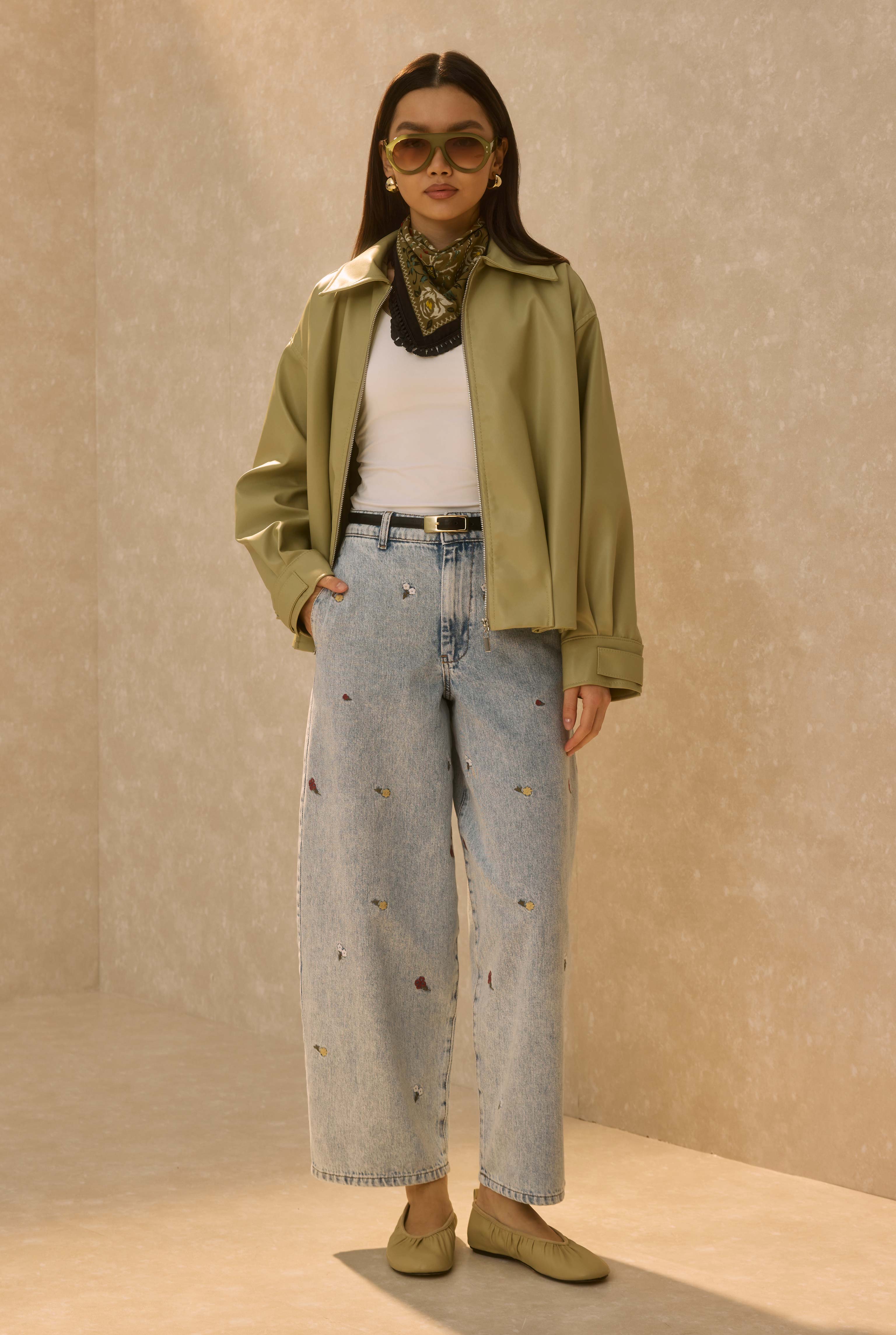 Pleat Detailed Leather Jacket Sage Green - 2