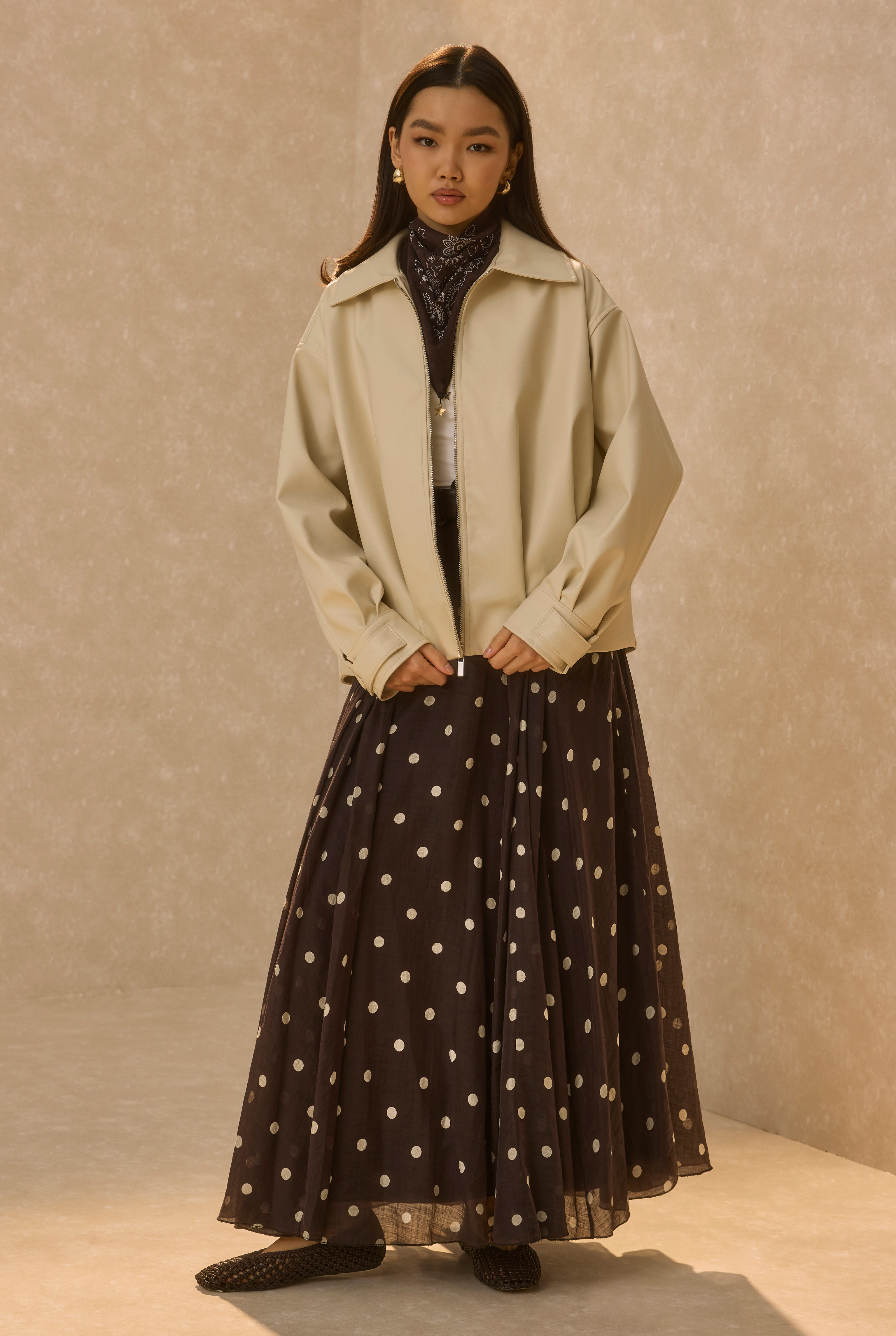 Pleat Detailed Leather Jacket Bone - 2