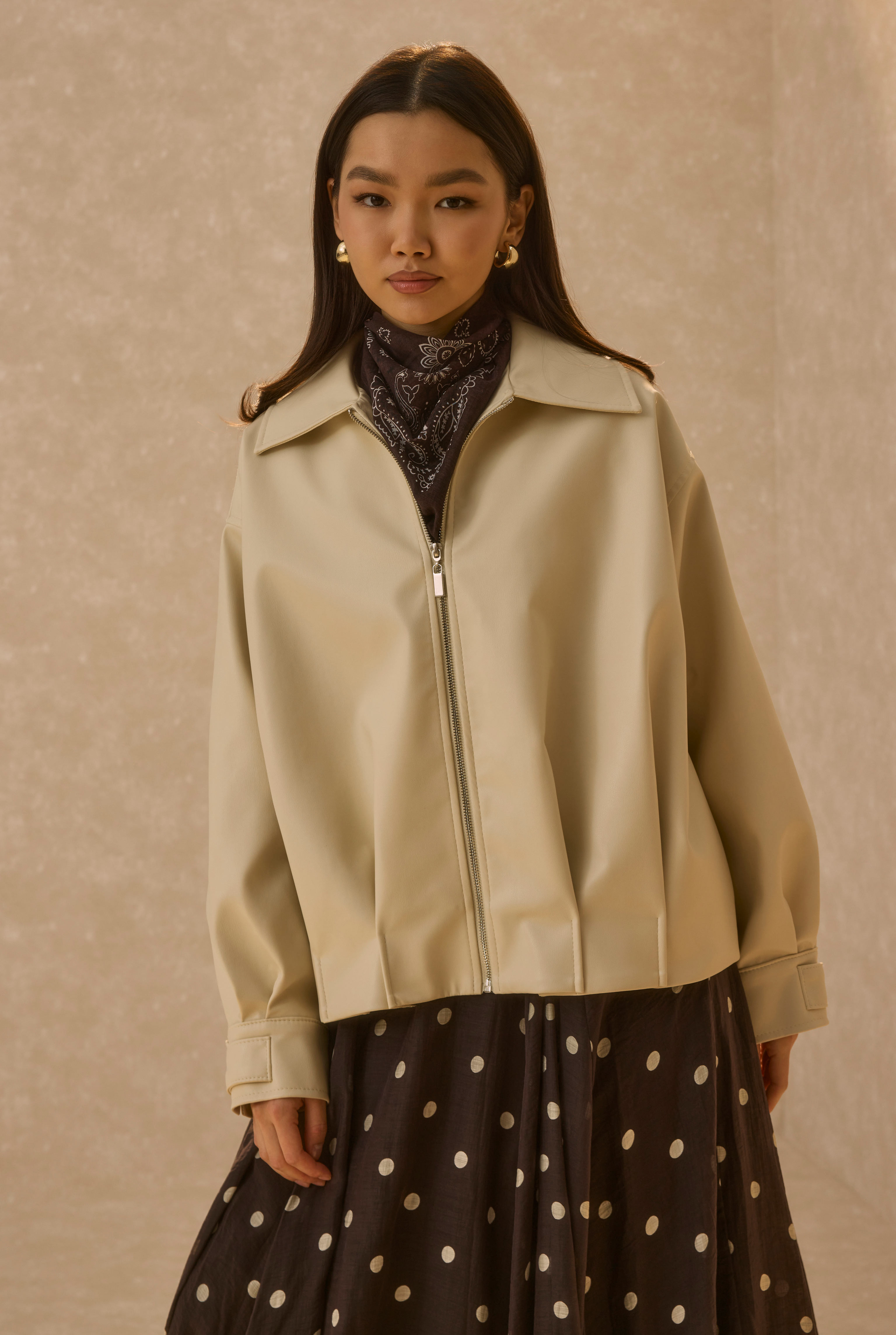 Pleat Detailed Leather Jacket Bone - 3