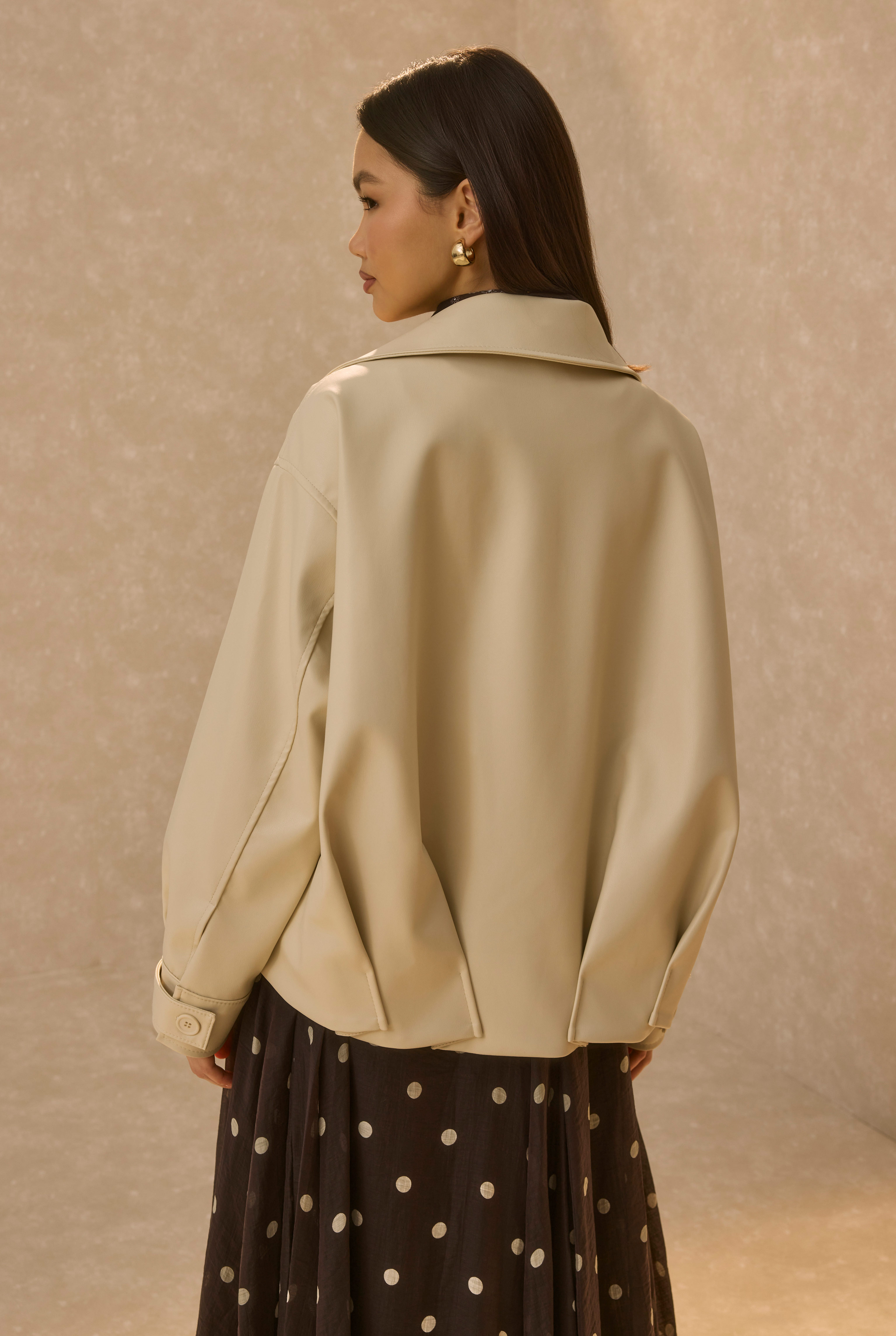 Pleat Detailed Leather Jacket Bone - 4
