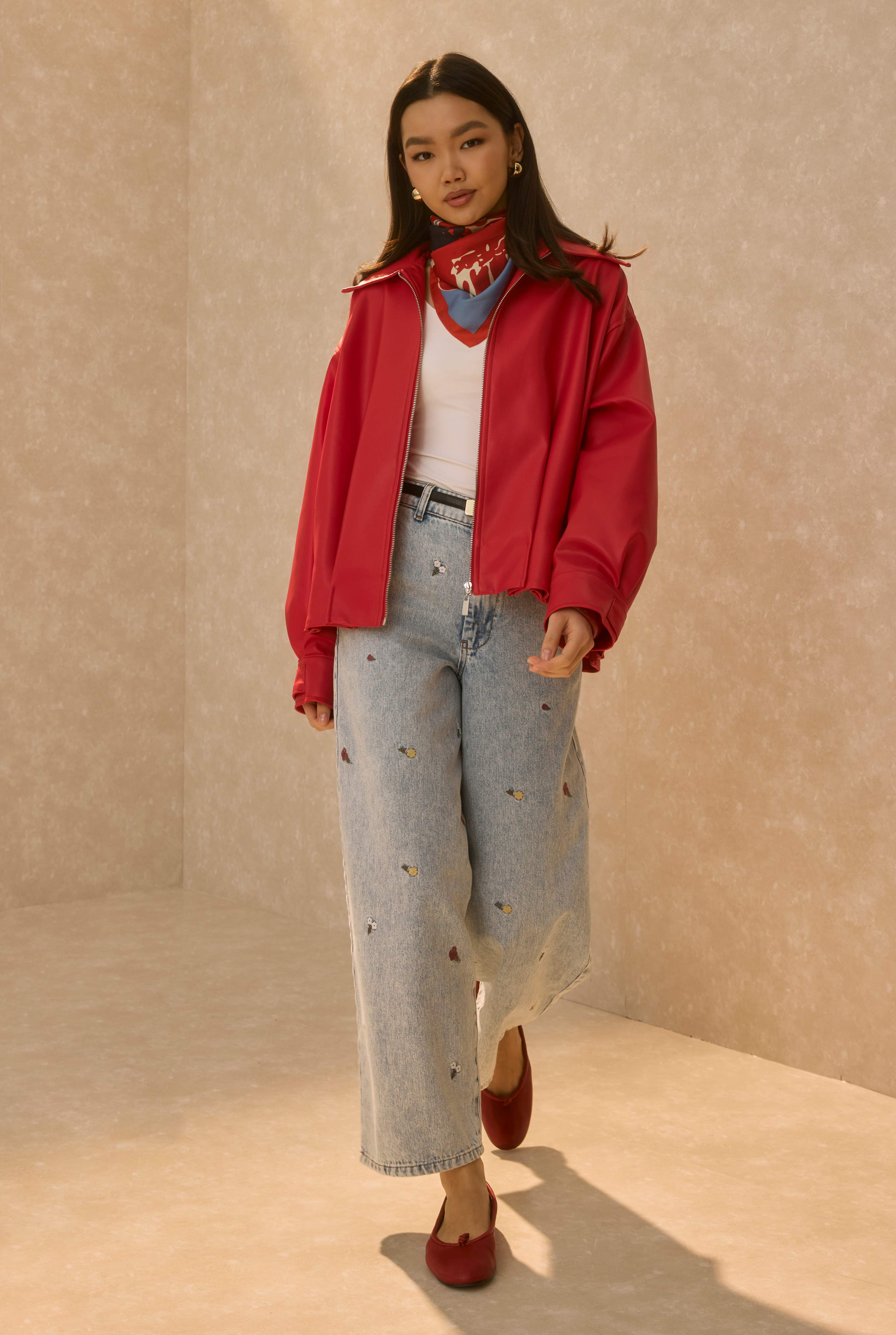Pleat Detailed Leather Jacket Red - 1