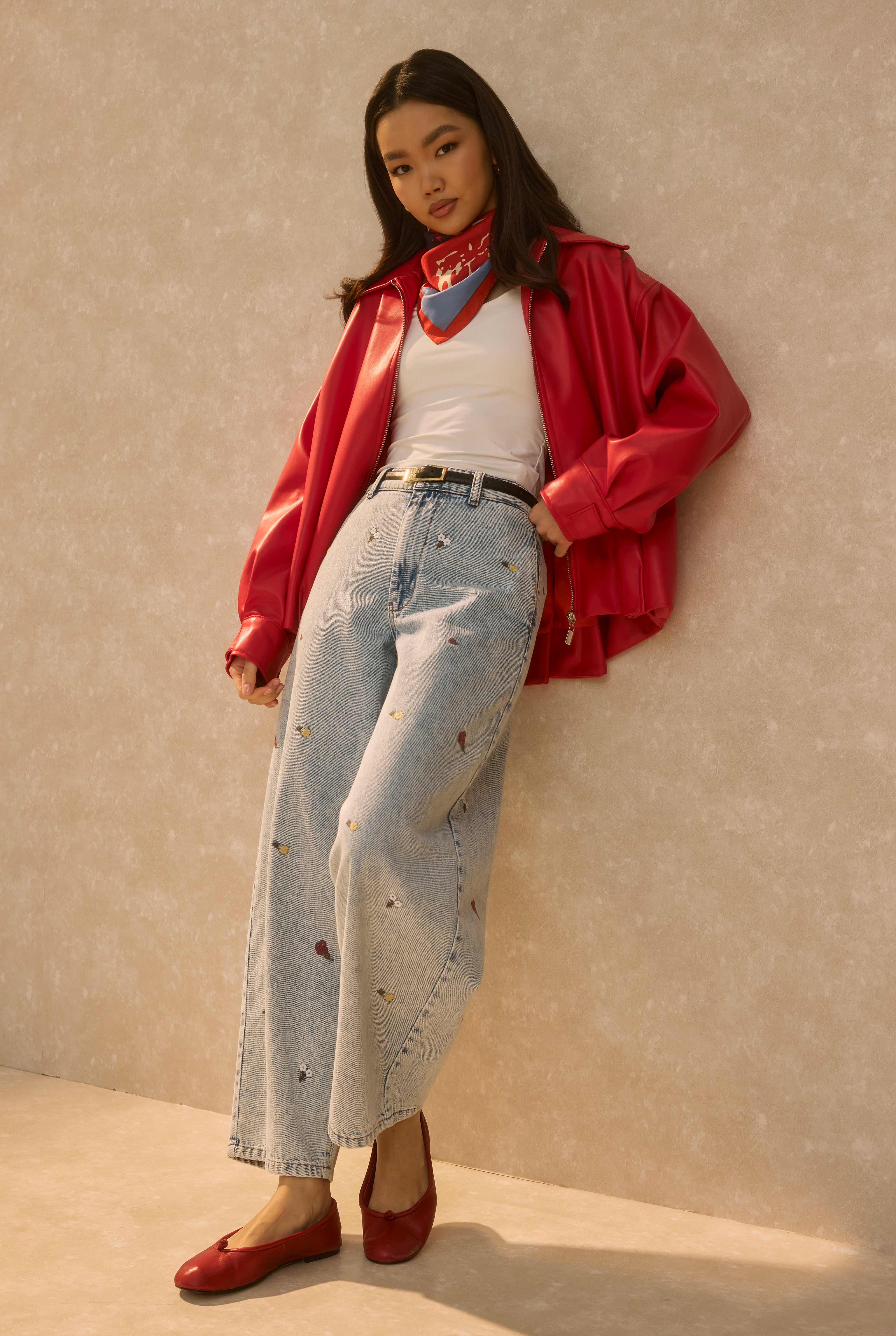 Pleat Detailed Leather Jacket Red - 2