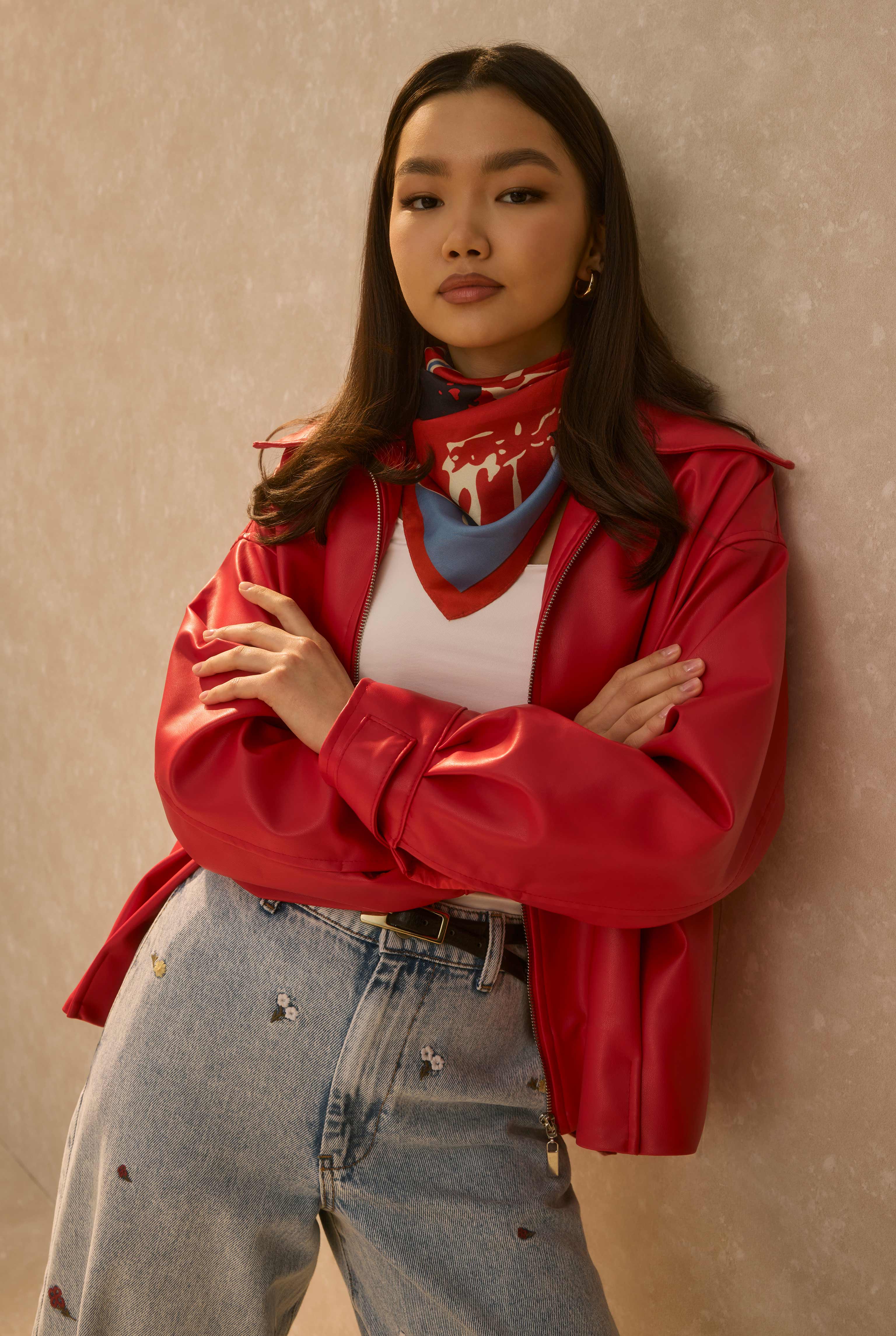 Pleat Detailed Leather Jacket Red - 3