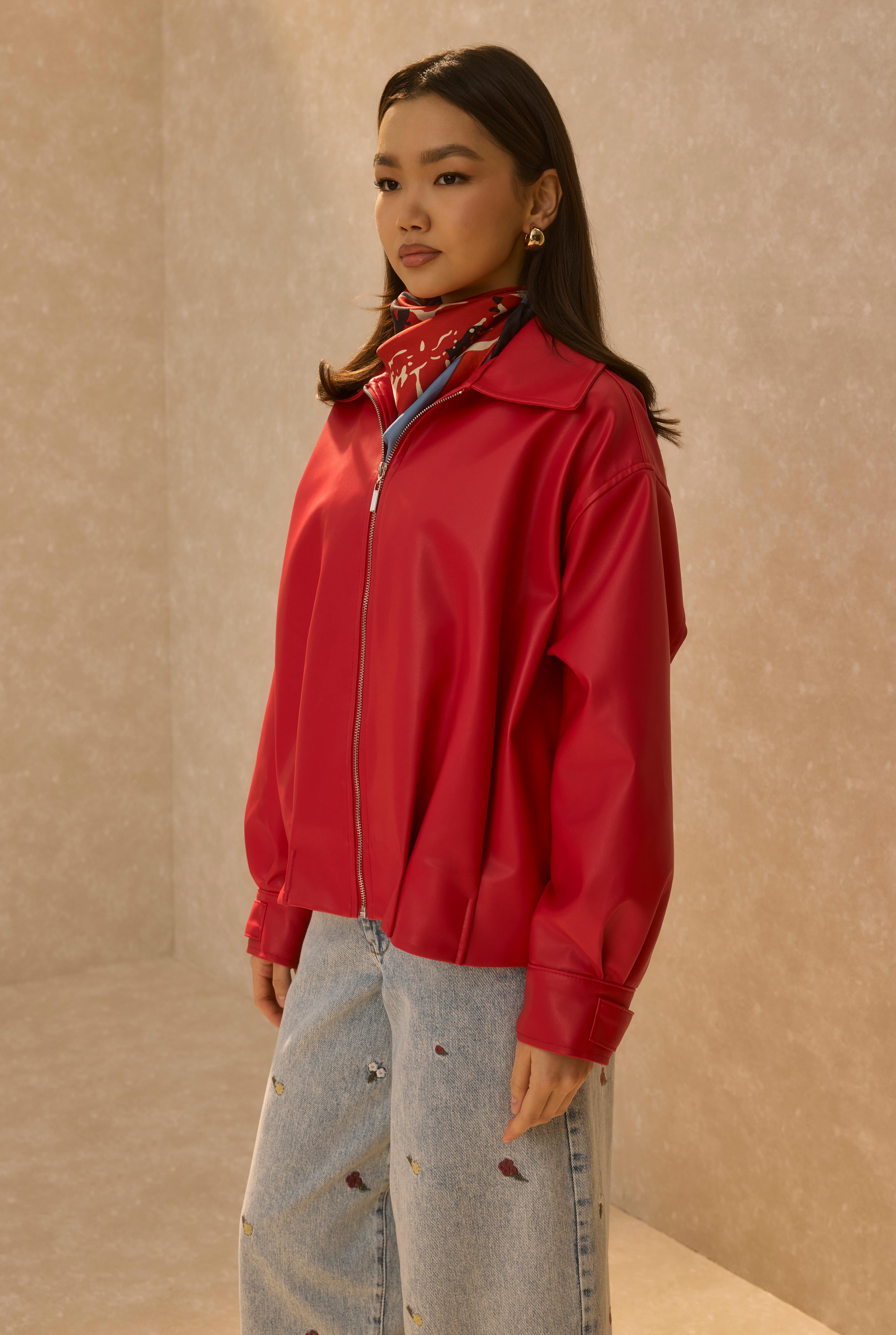 Pleat Detailed Leather Jacket Red - 4