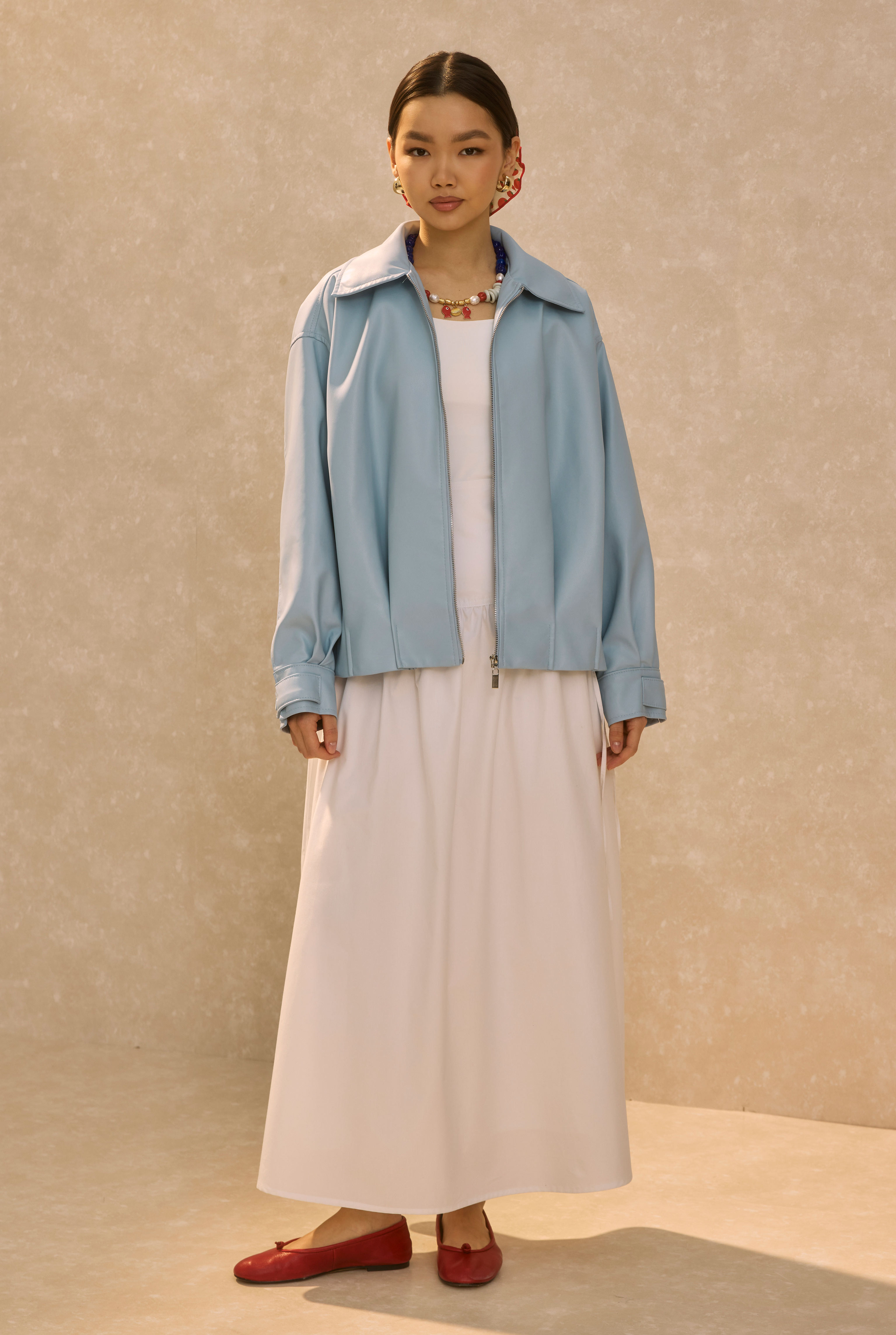 Pleat Detailed Leather Jacket Baby Blue - 1