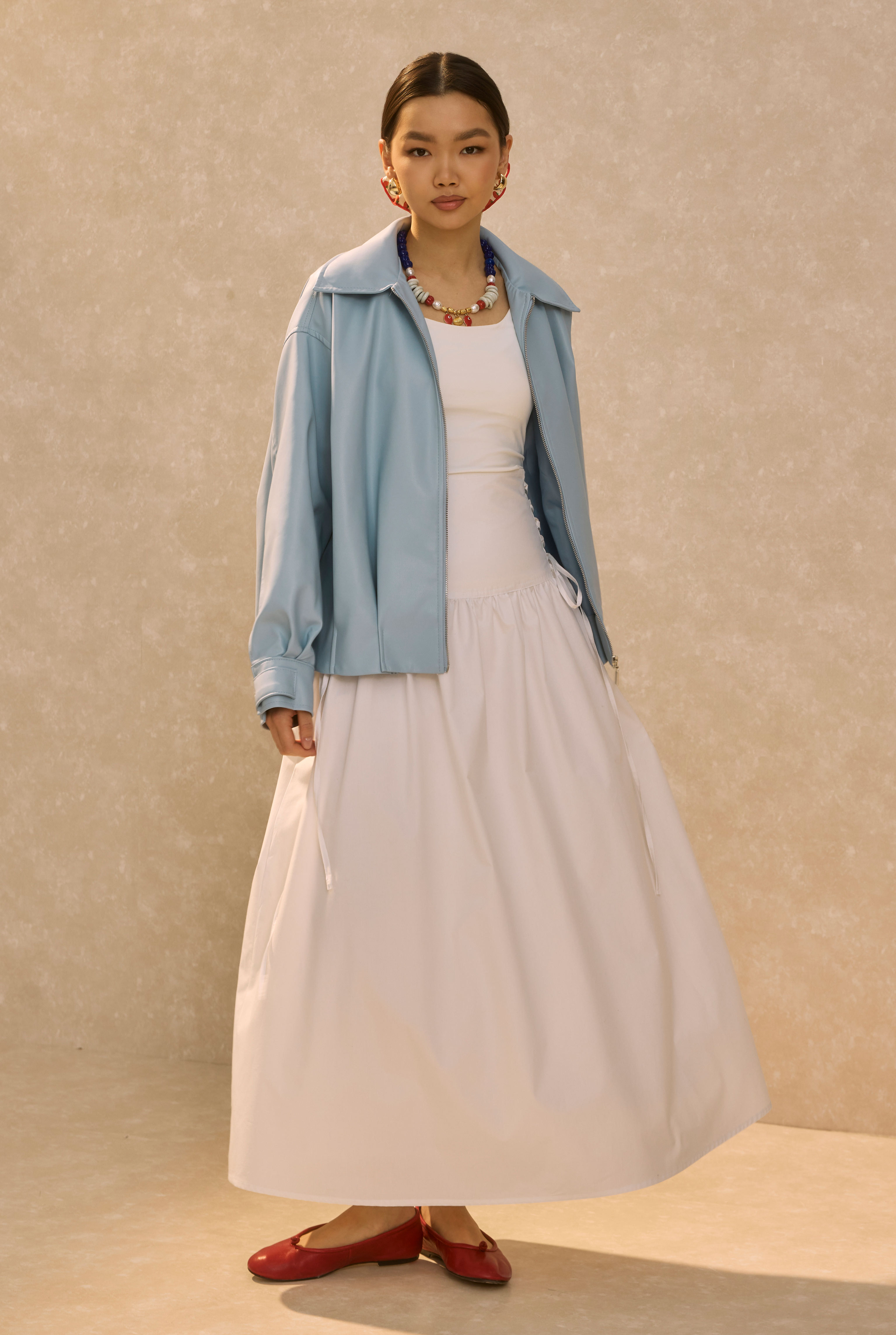 Pleat Detailed Leather Jacket Baby Blue - 2