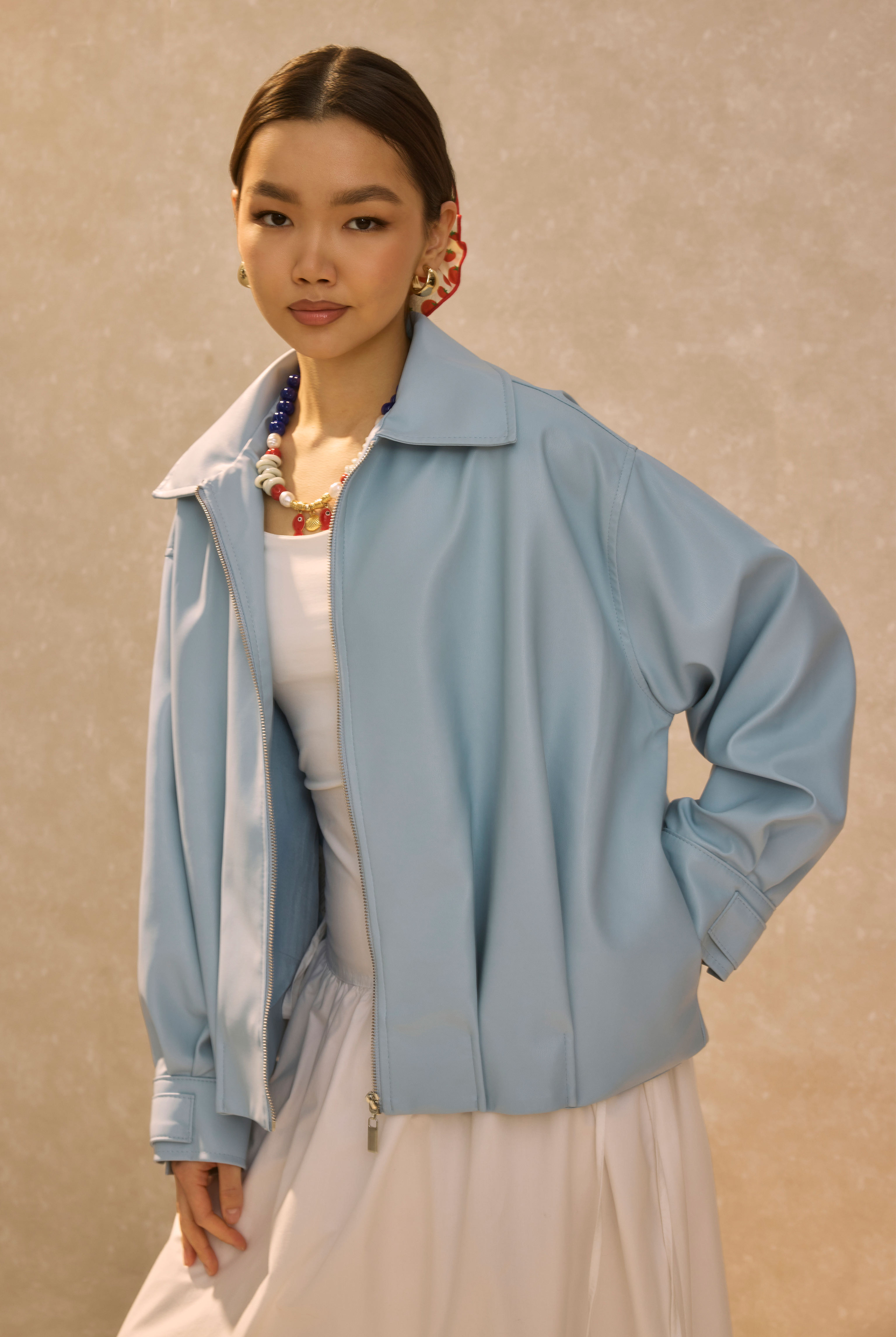 Pleat Detailed Leather Jacket Baby Blue - 5