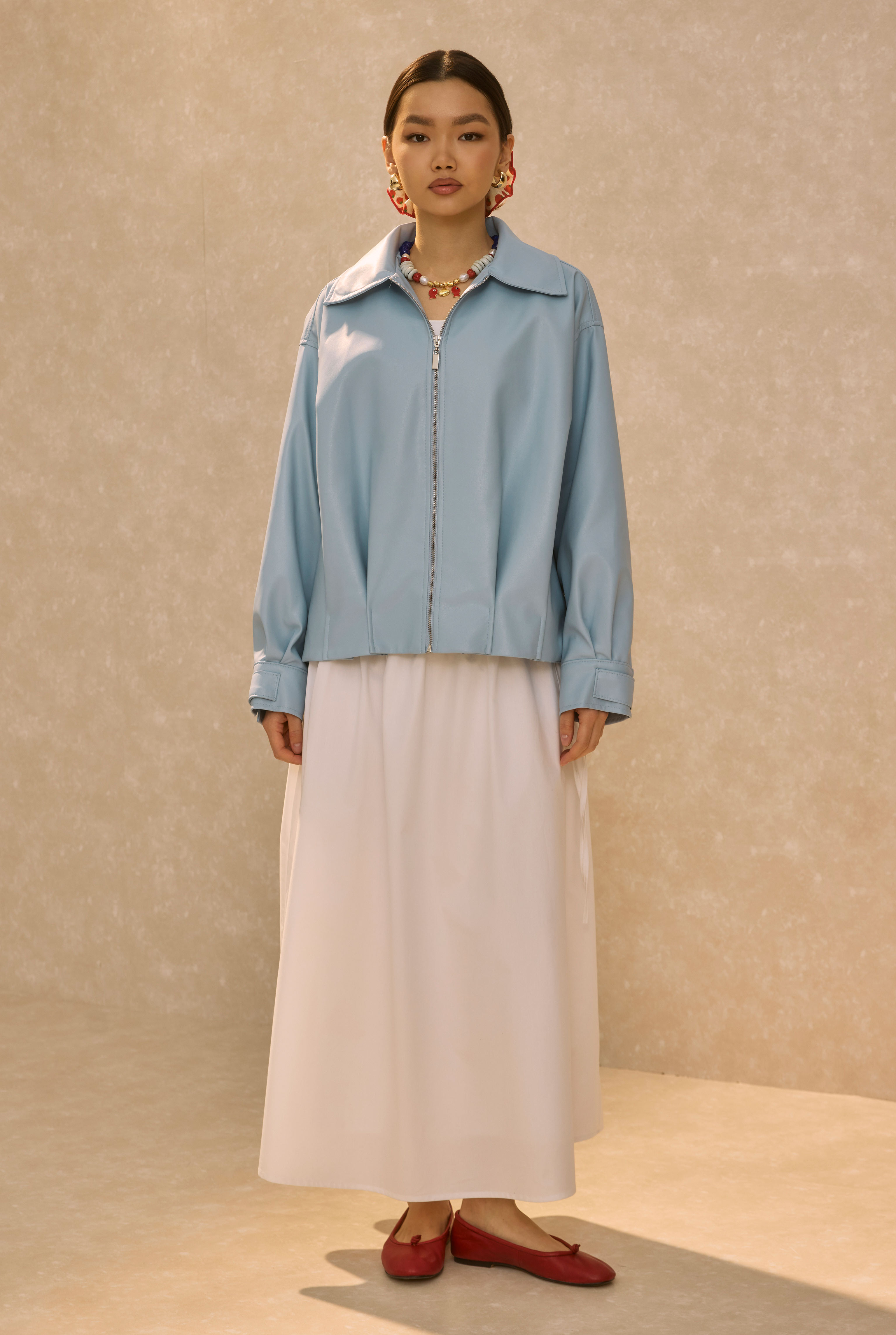 Pleat Detailed Leather Jacket Baby Blue - 3