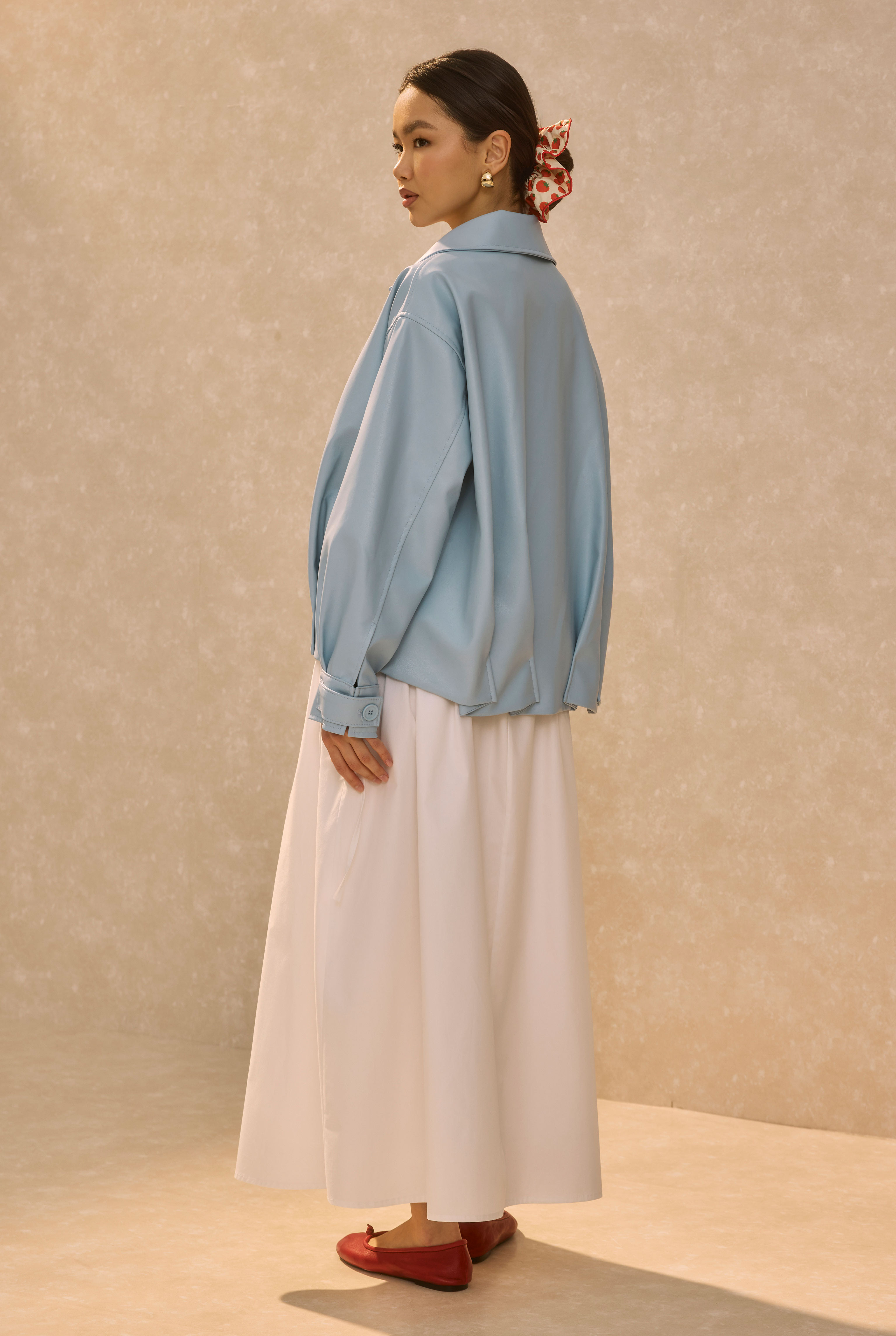 Pleat Detailed Leather Jacket Baby Blue - 4