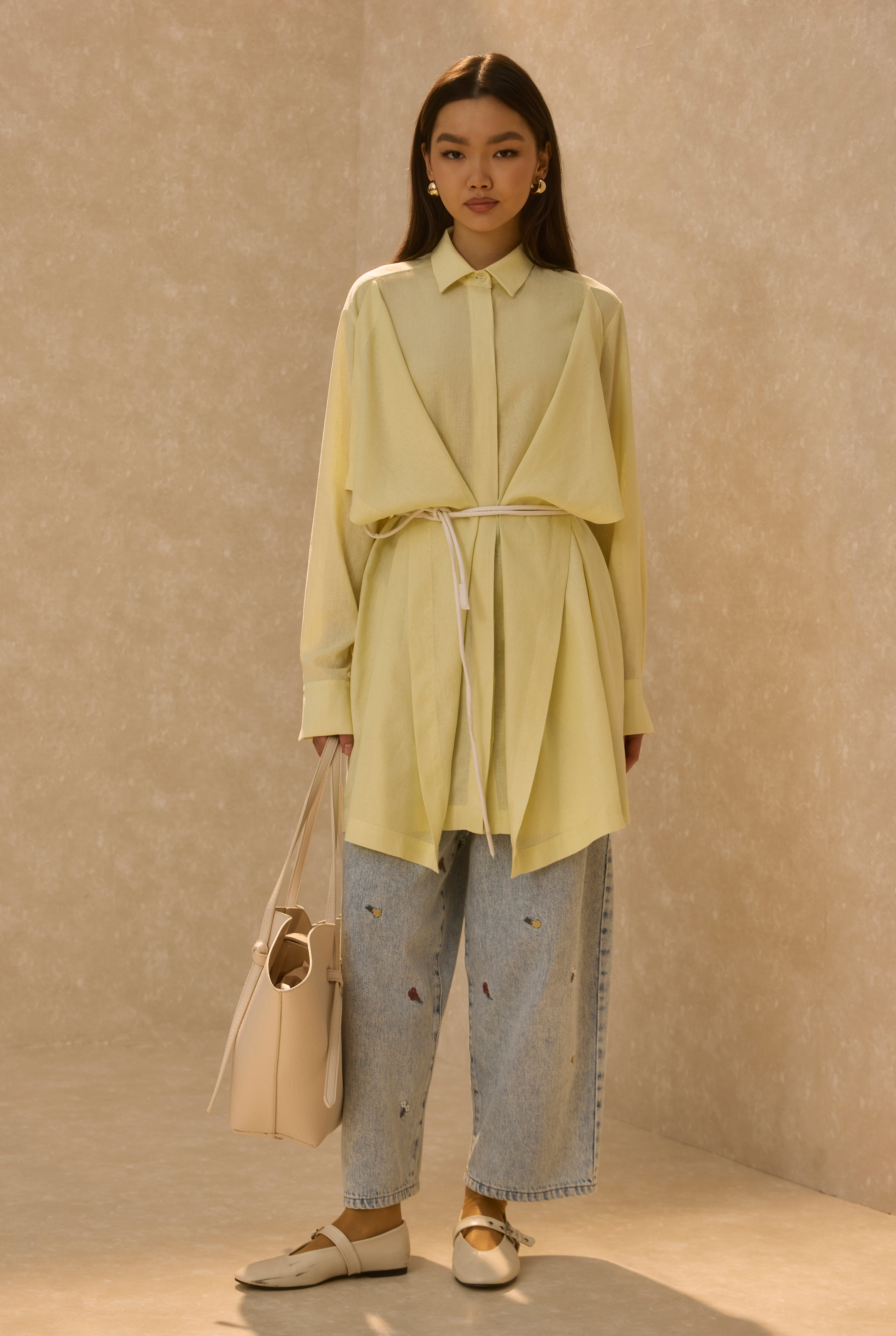 Shirt With Wide Panel Design Soft Yellow - HE-QA