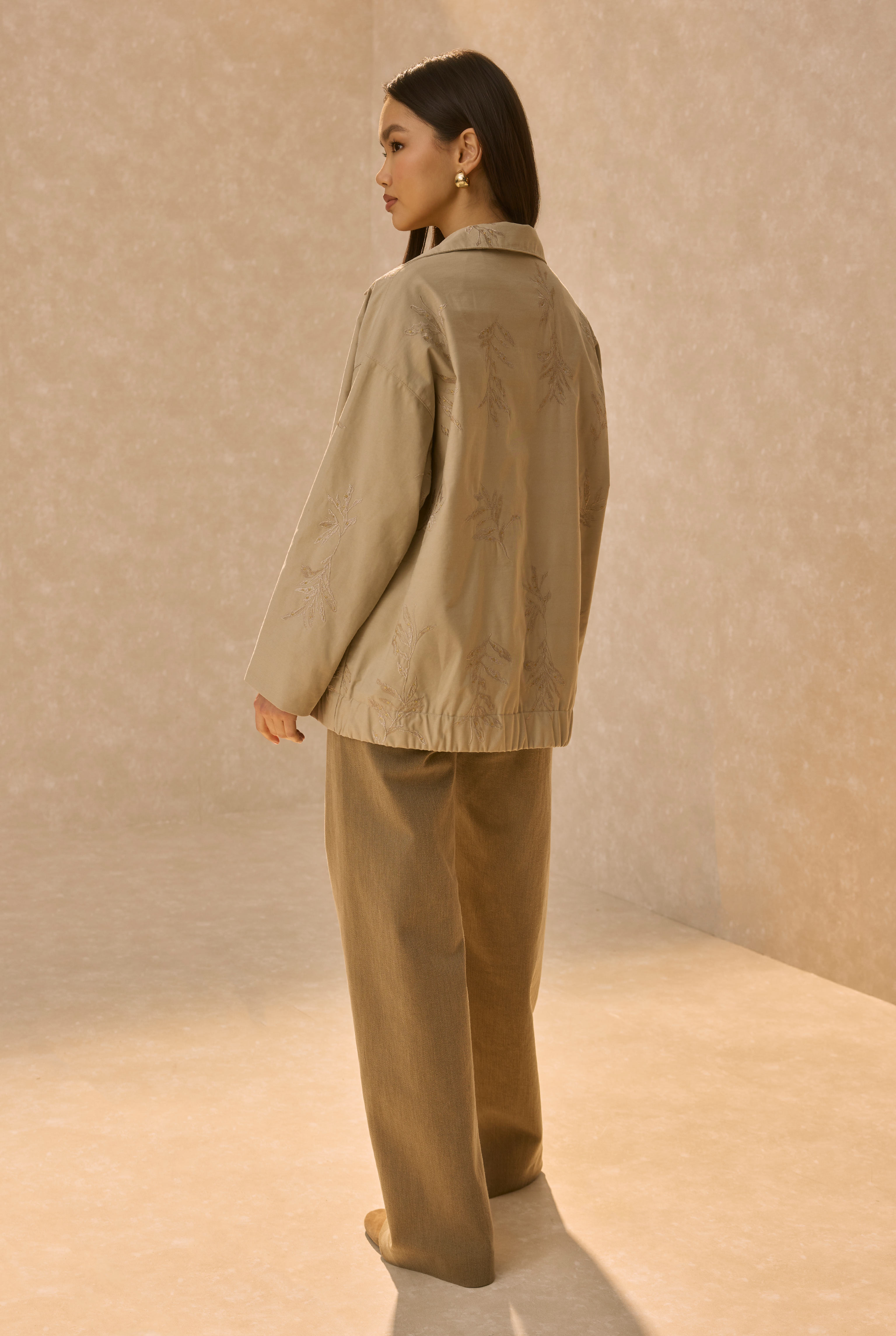 Embroidered Bomber Jacket Sand Beige - HE-QA