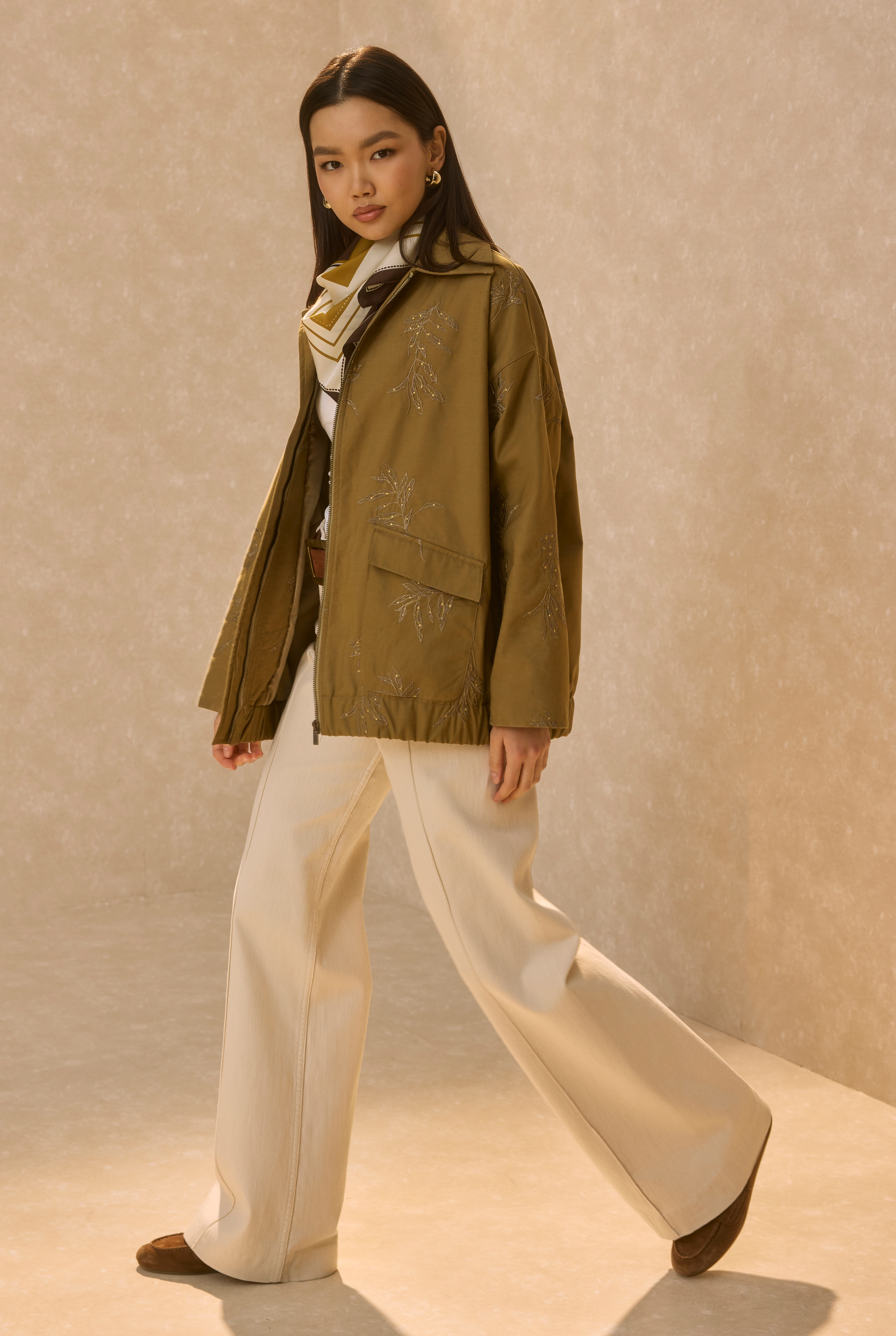 Embroidered Bomber Jacket Khaki - 5