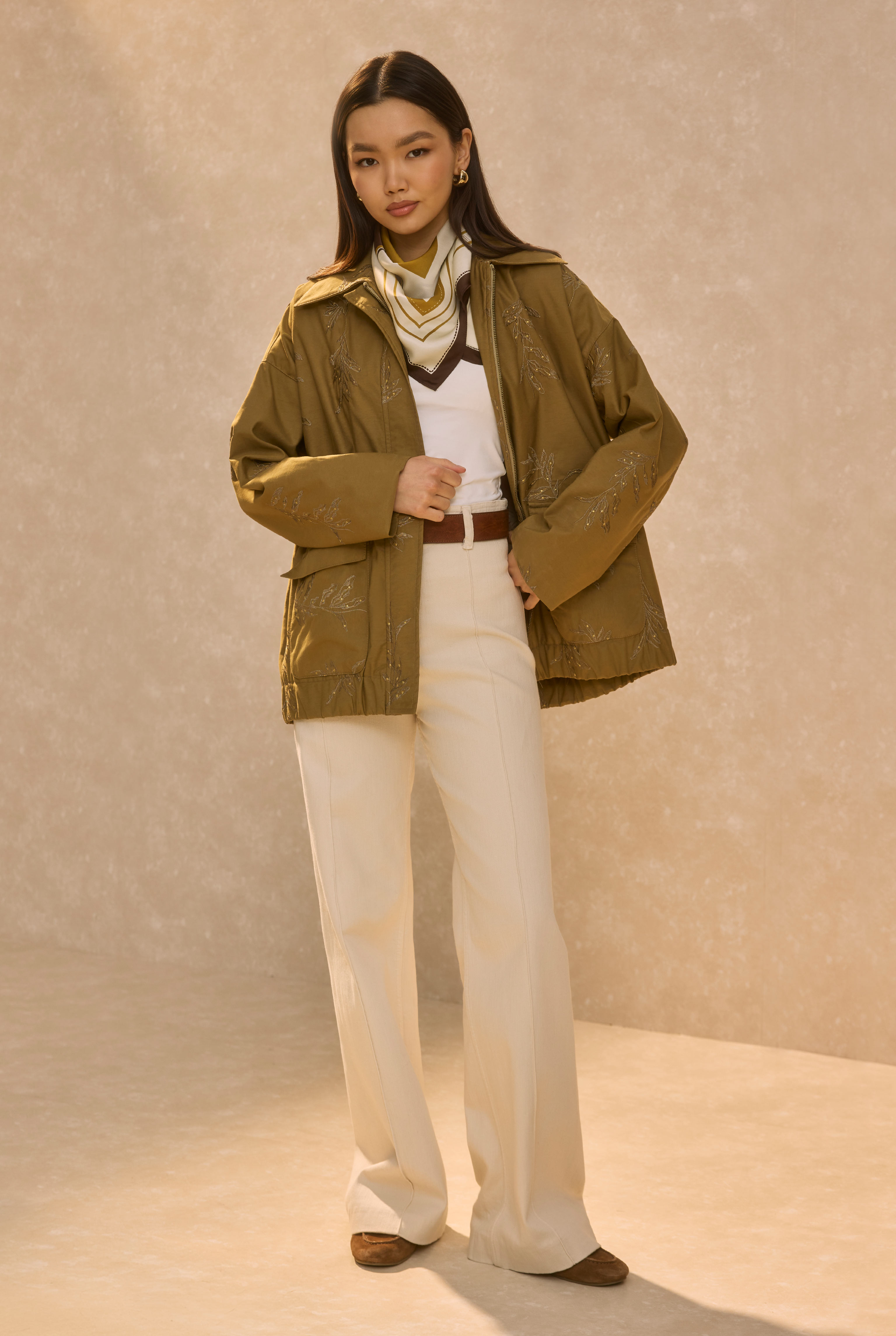 Embroidered Bomber Jacket Khaki - 2