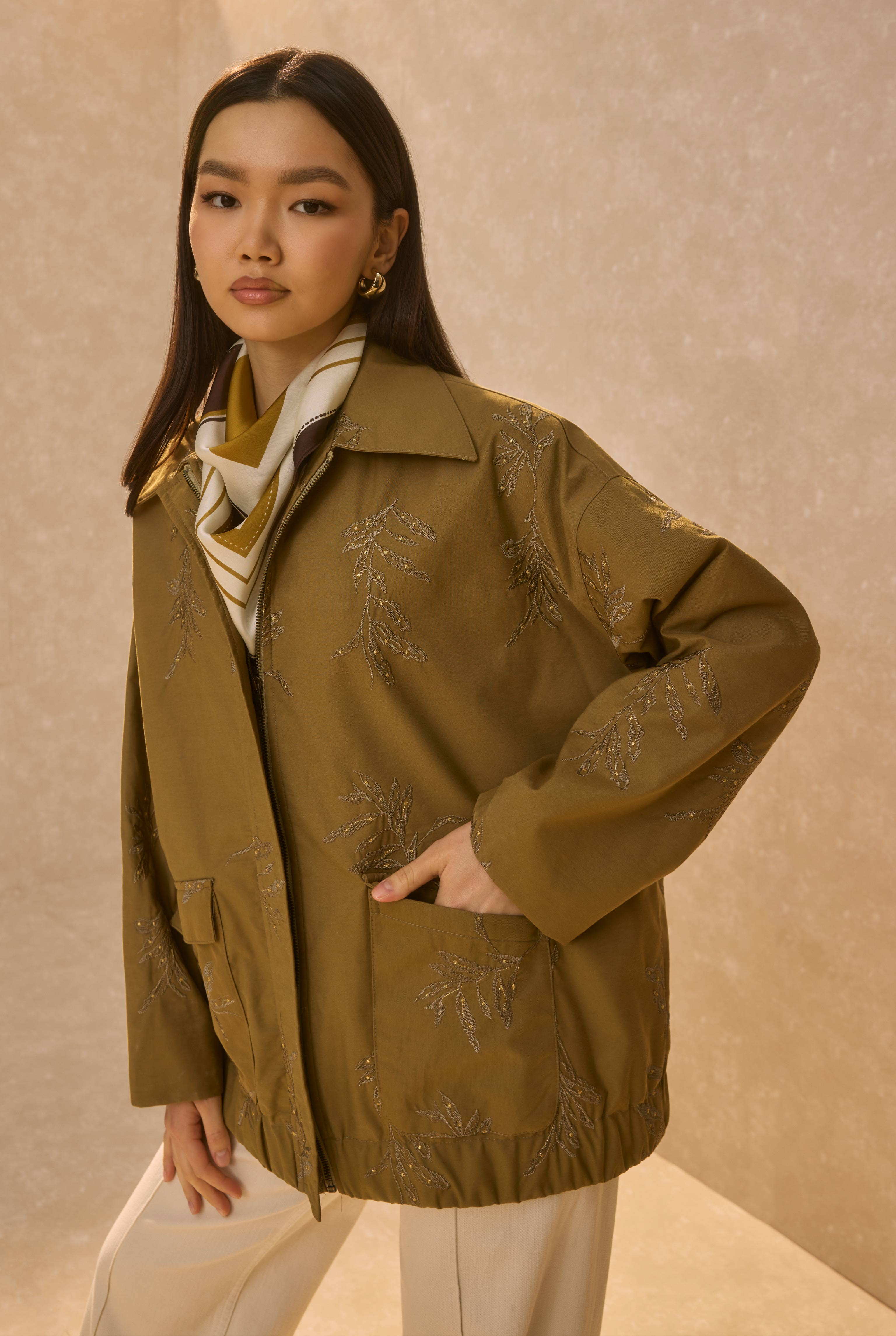 Embroidered Bomber Jacket Khaki - HE-QA
