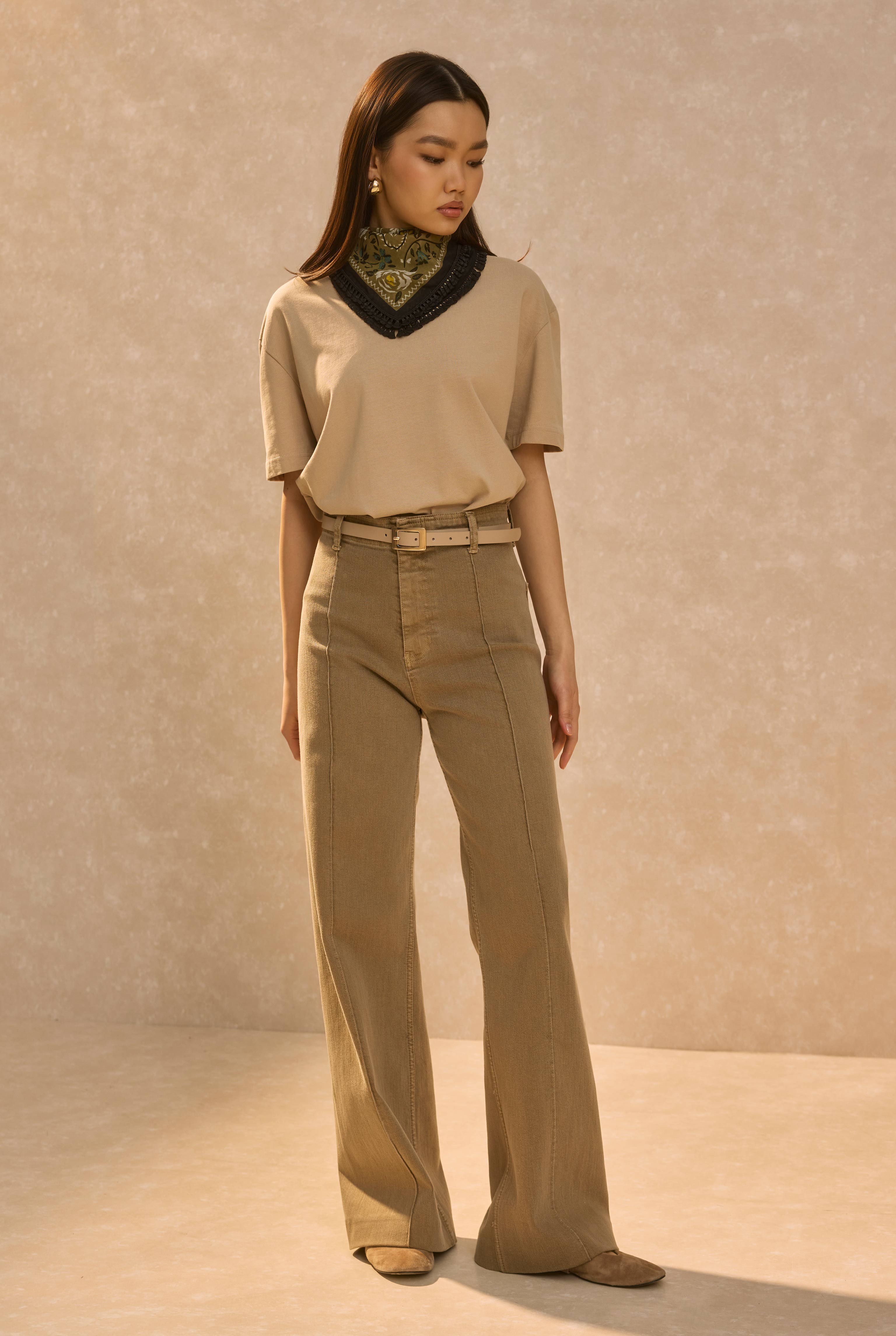 Pin-Tucked Denim Trousers Sand Beige - 2