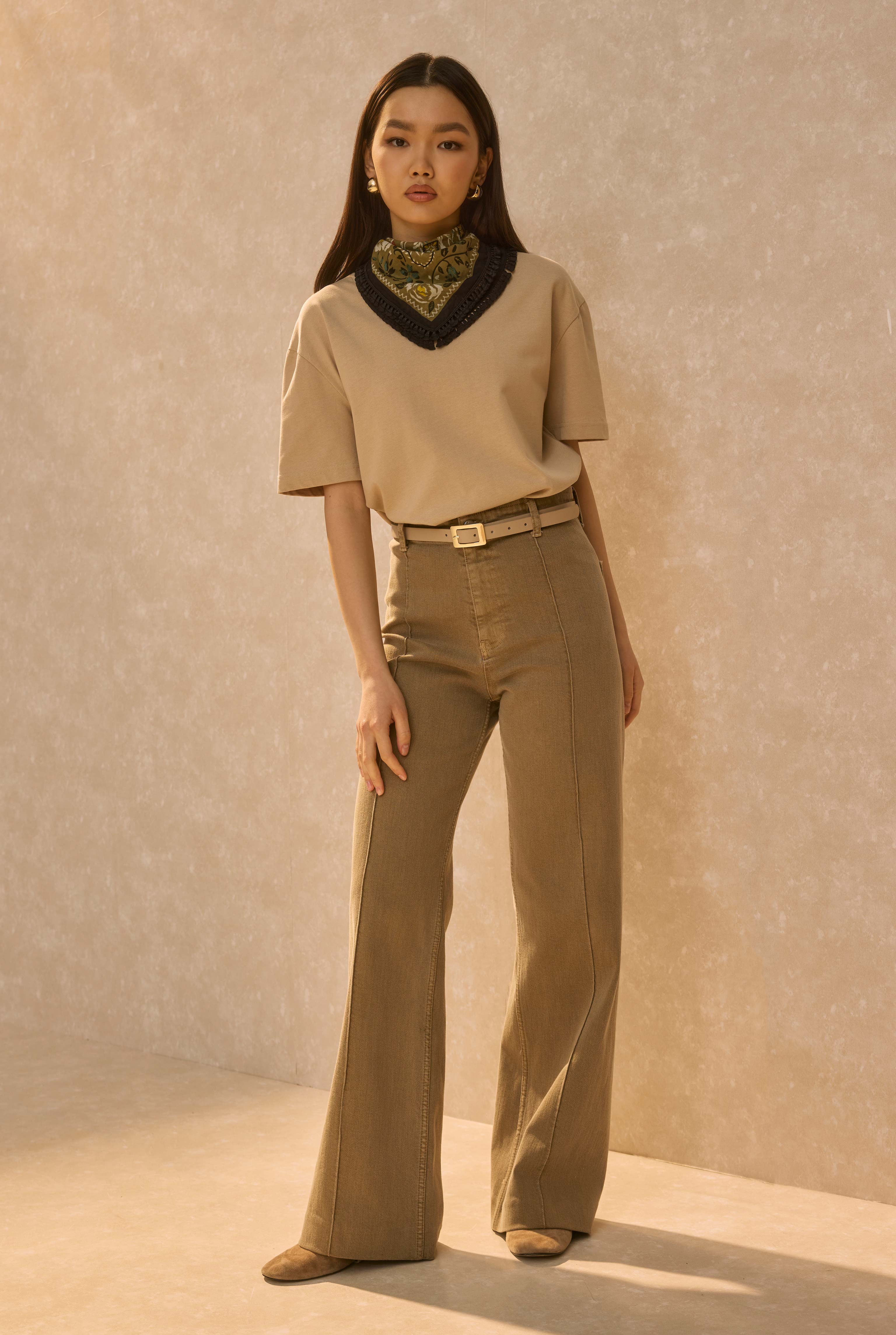Pin-Tucked Denim Trousers Sand Beige - 3