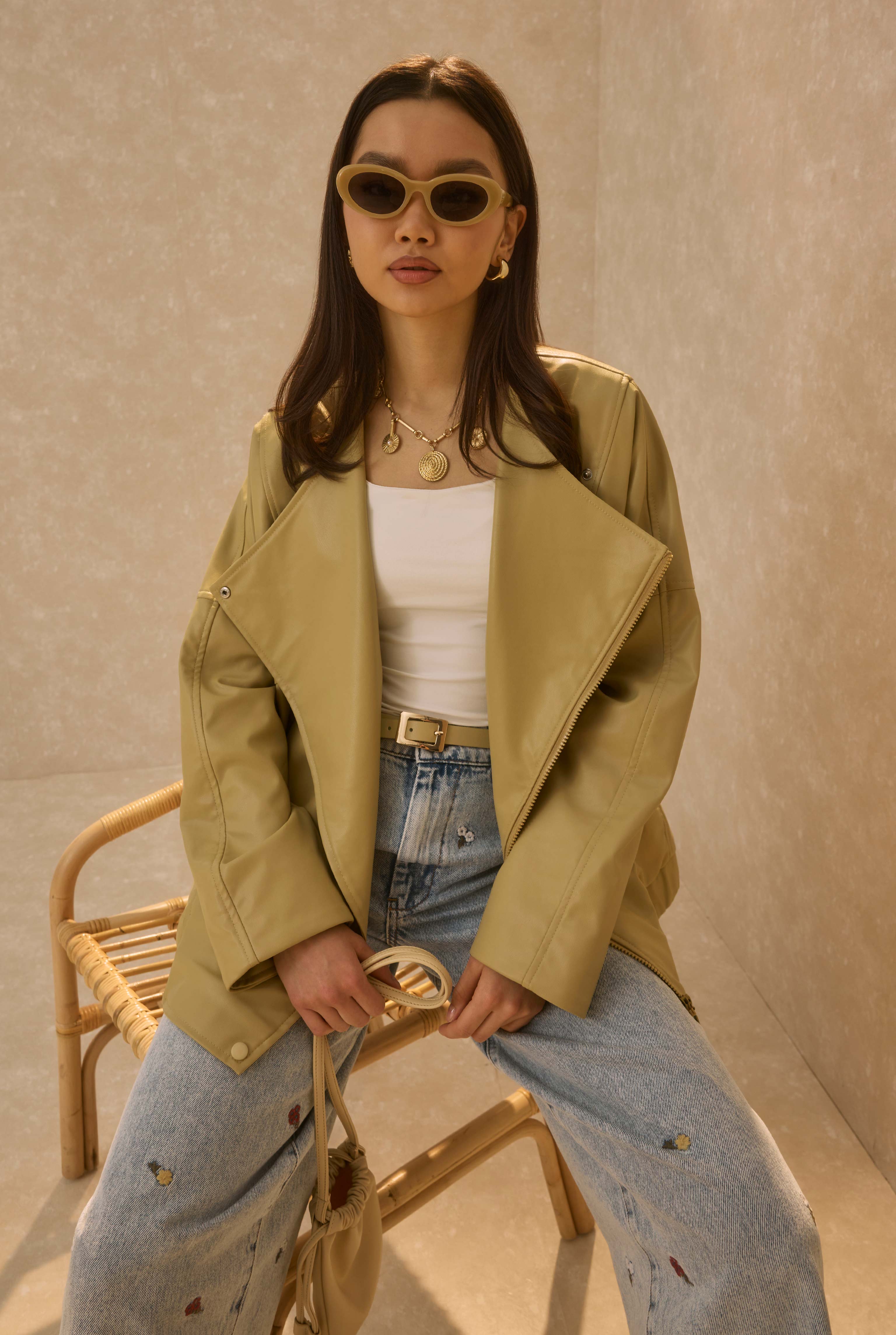 Asymmetric Cut Leather Jacket Honey - 3