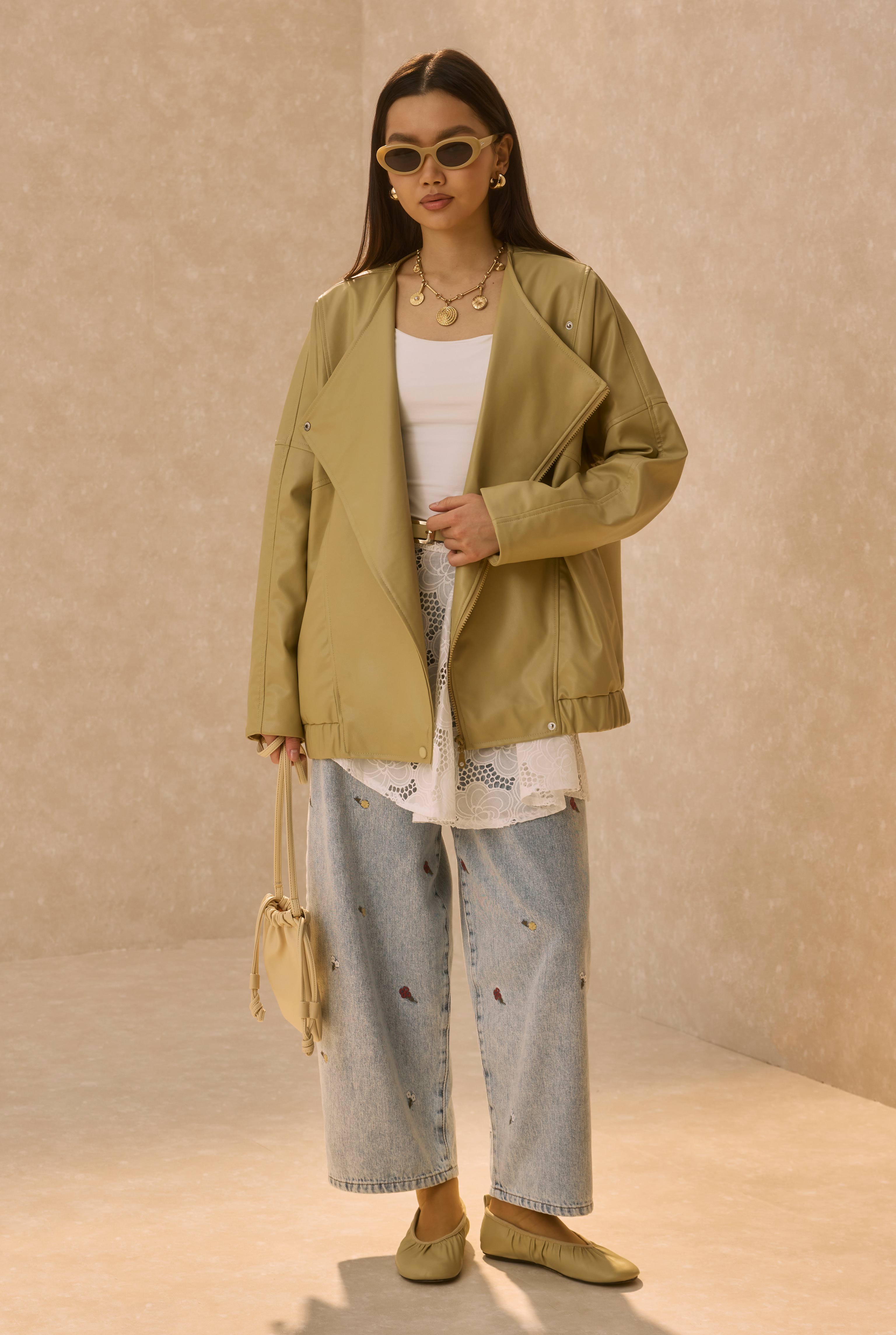 Asymmetric Cut Leather Jacket Honey - 4