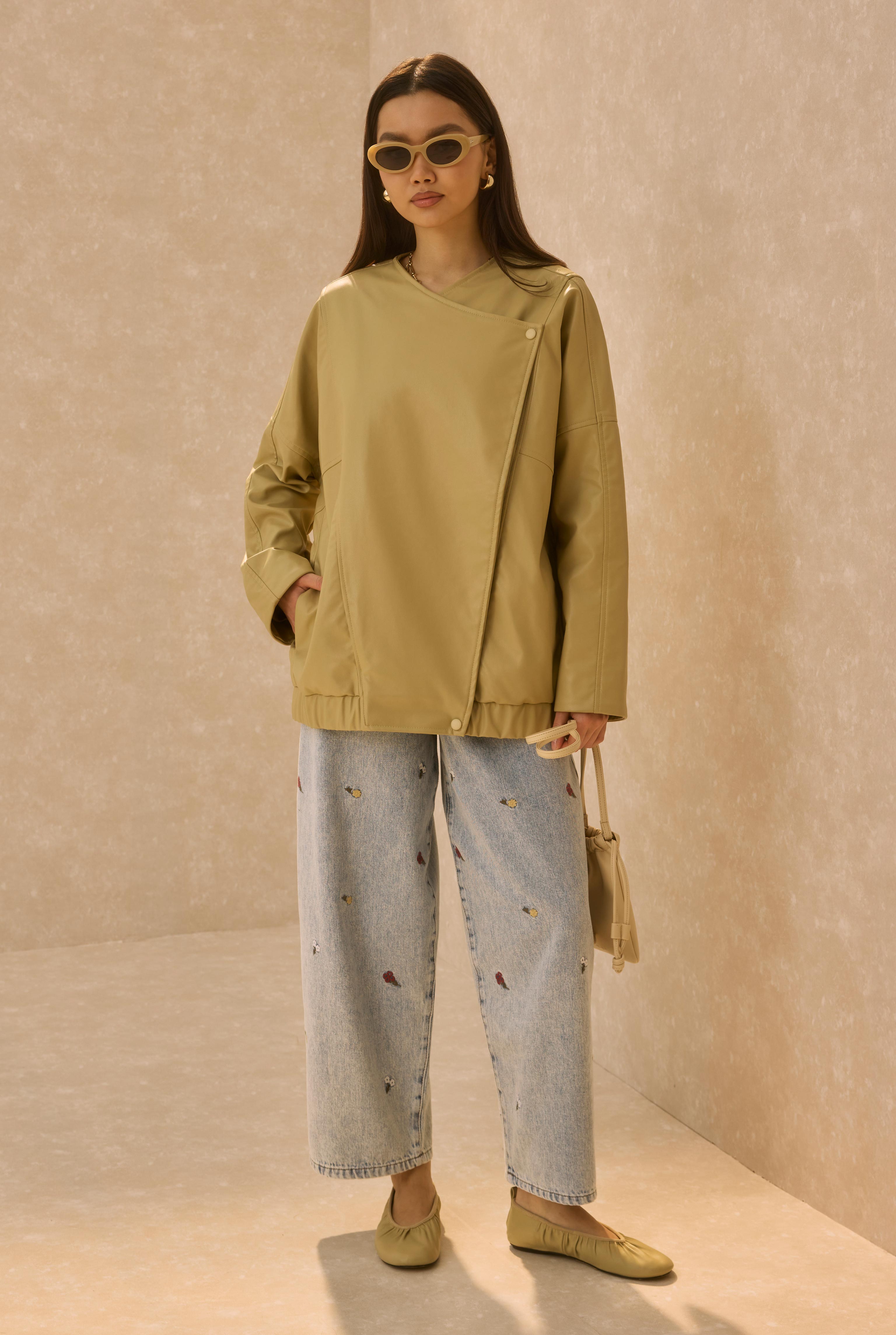 Asymmetric Cut Leather Jacket Honey - 5