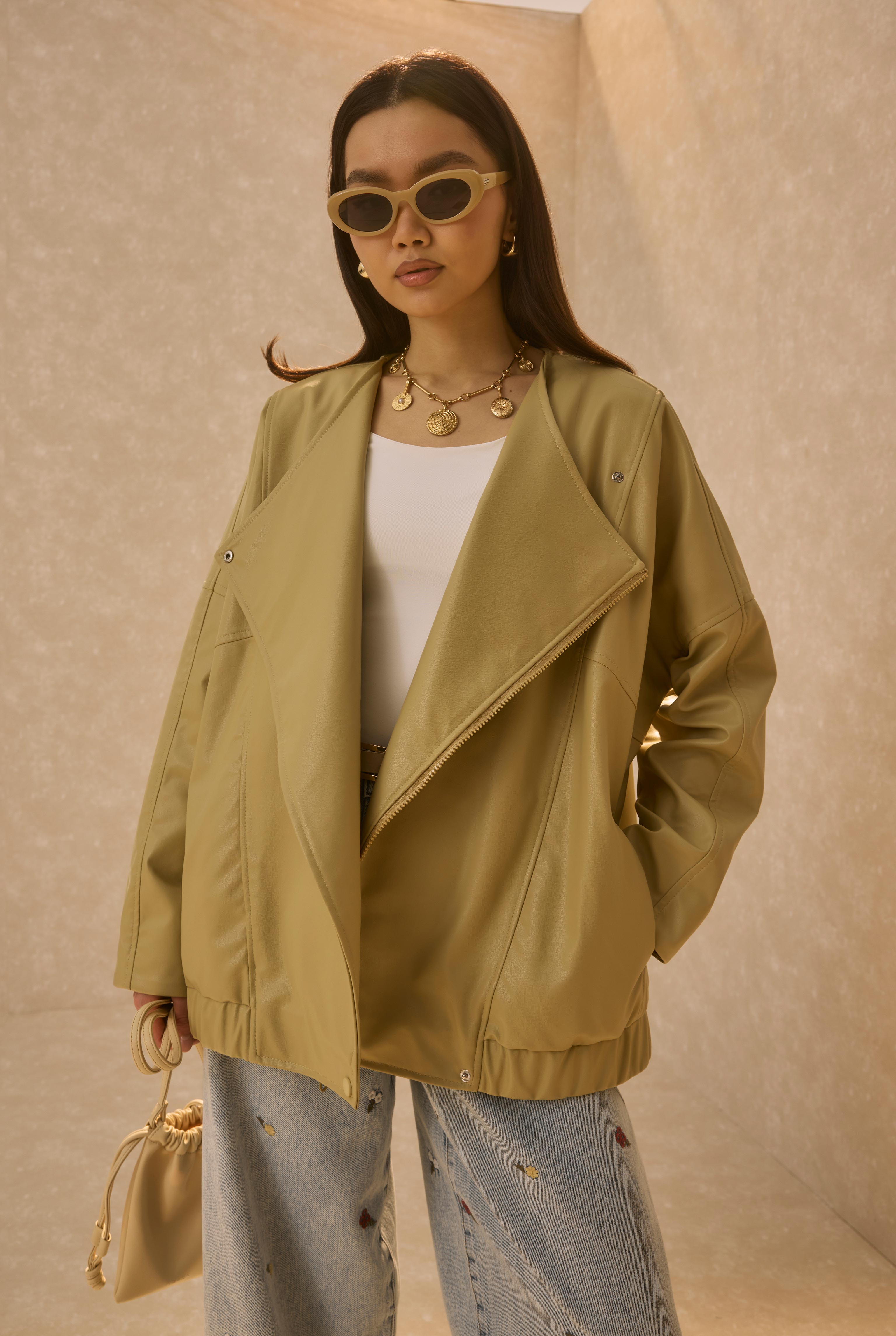 Asymmetric Cut Leather Jacket Honey - 7