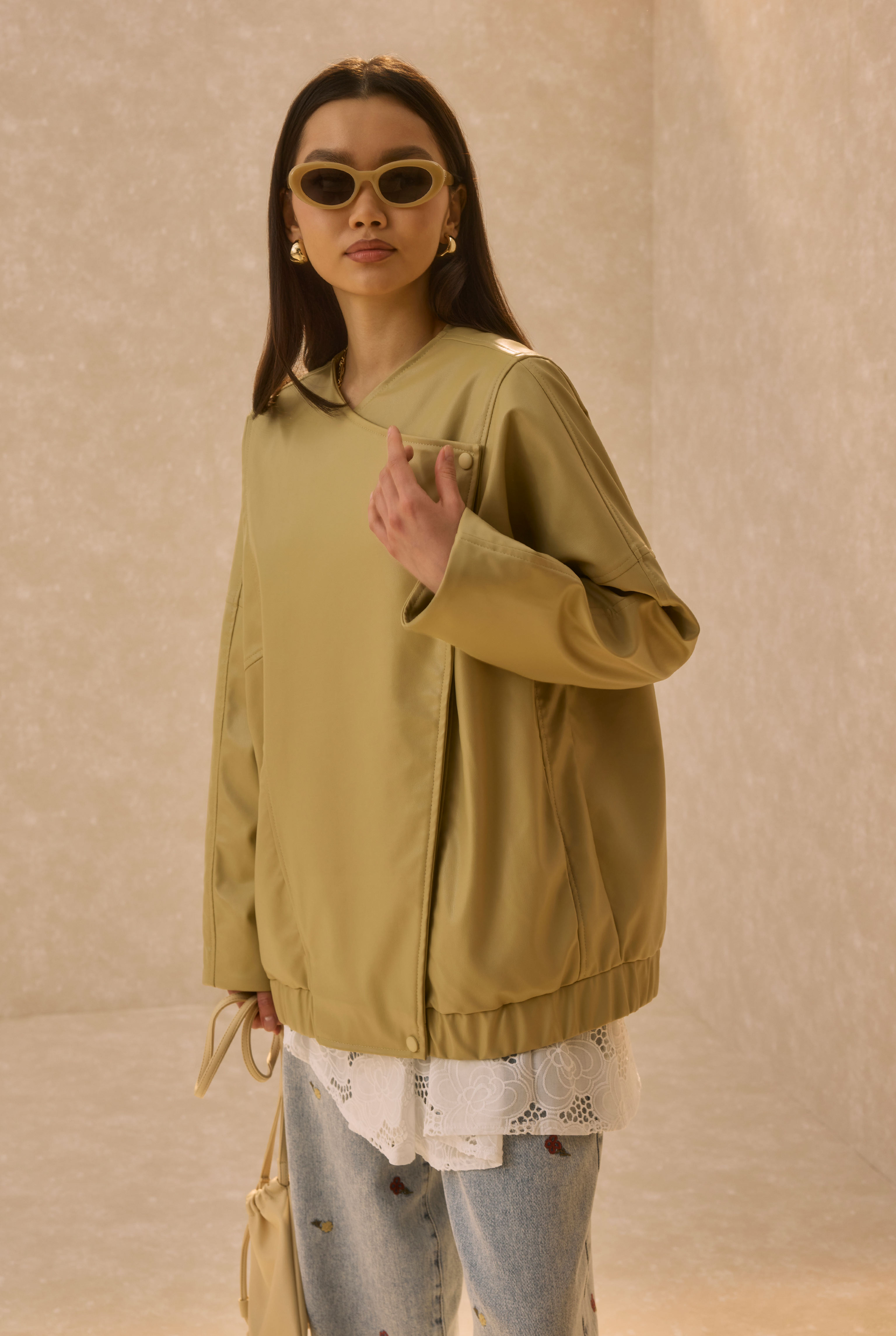 Asymmetric Cut Leather Jacket Honey - 6