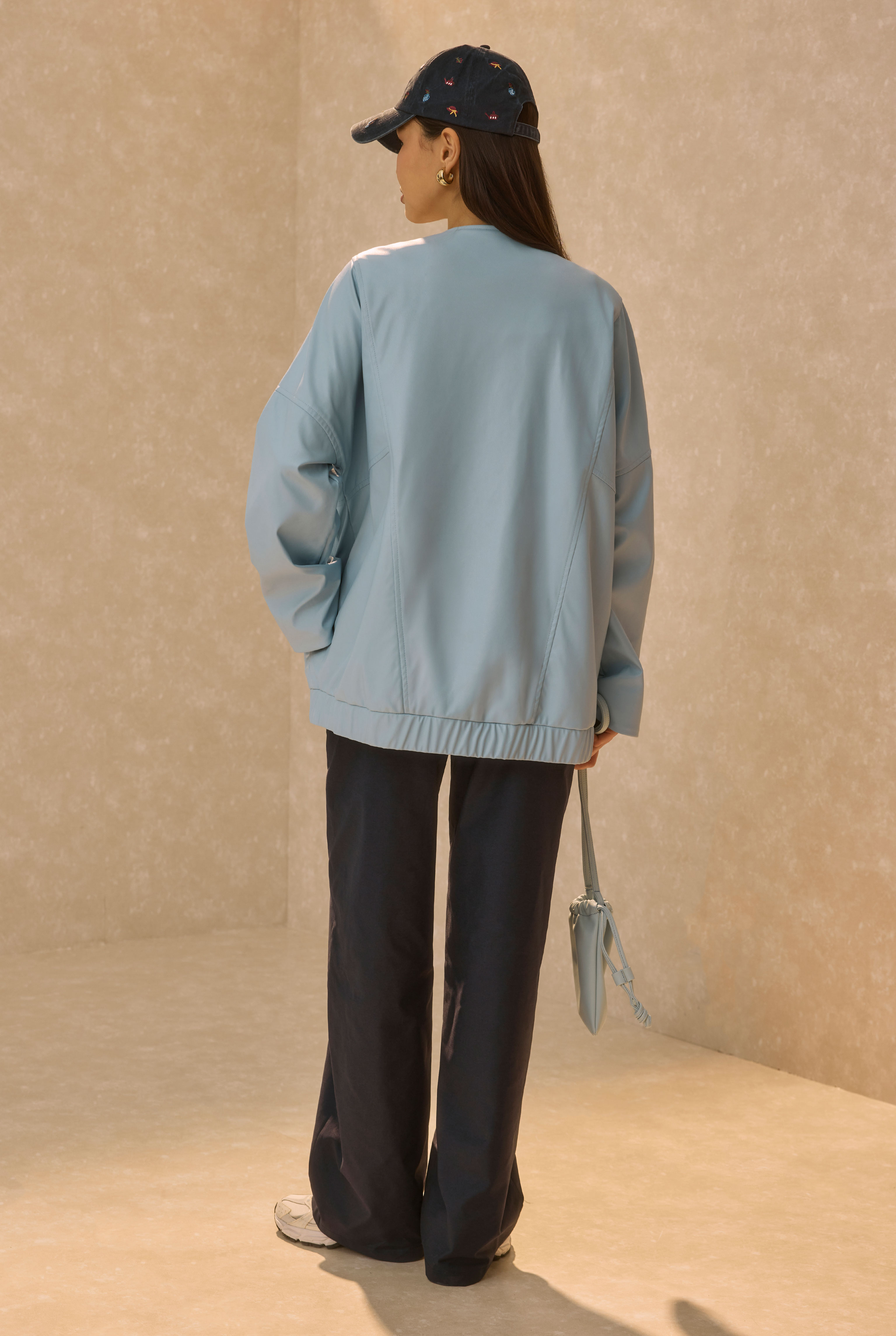 Asymmetric Cut Leather Jacket Baby Blue - 7