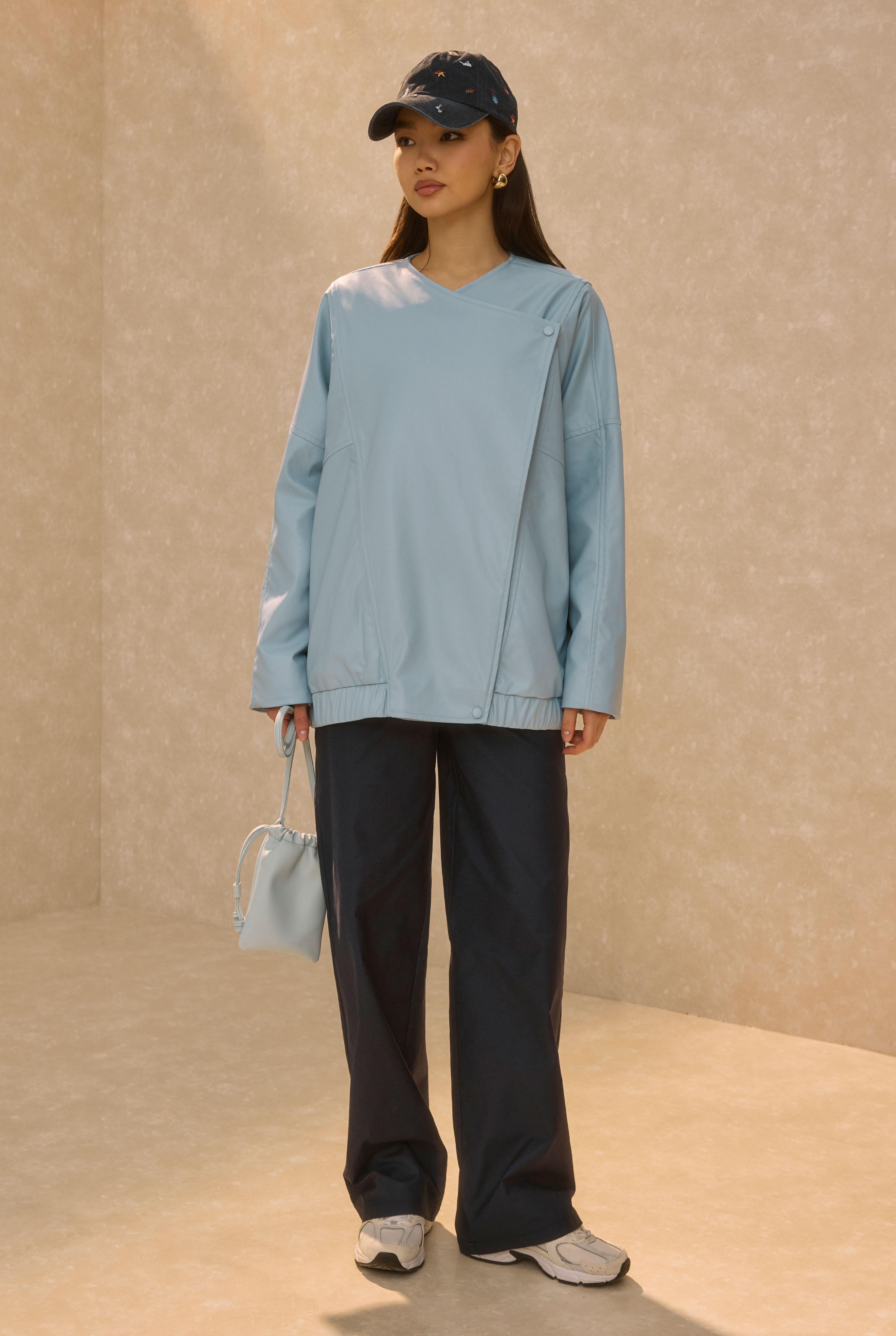 Asymmetric Cut Leather Jacket Baby Blue - 2