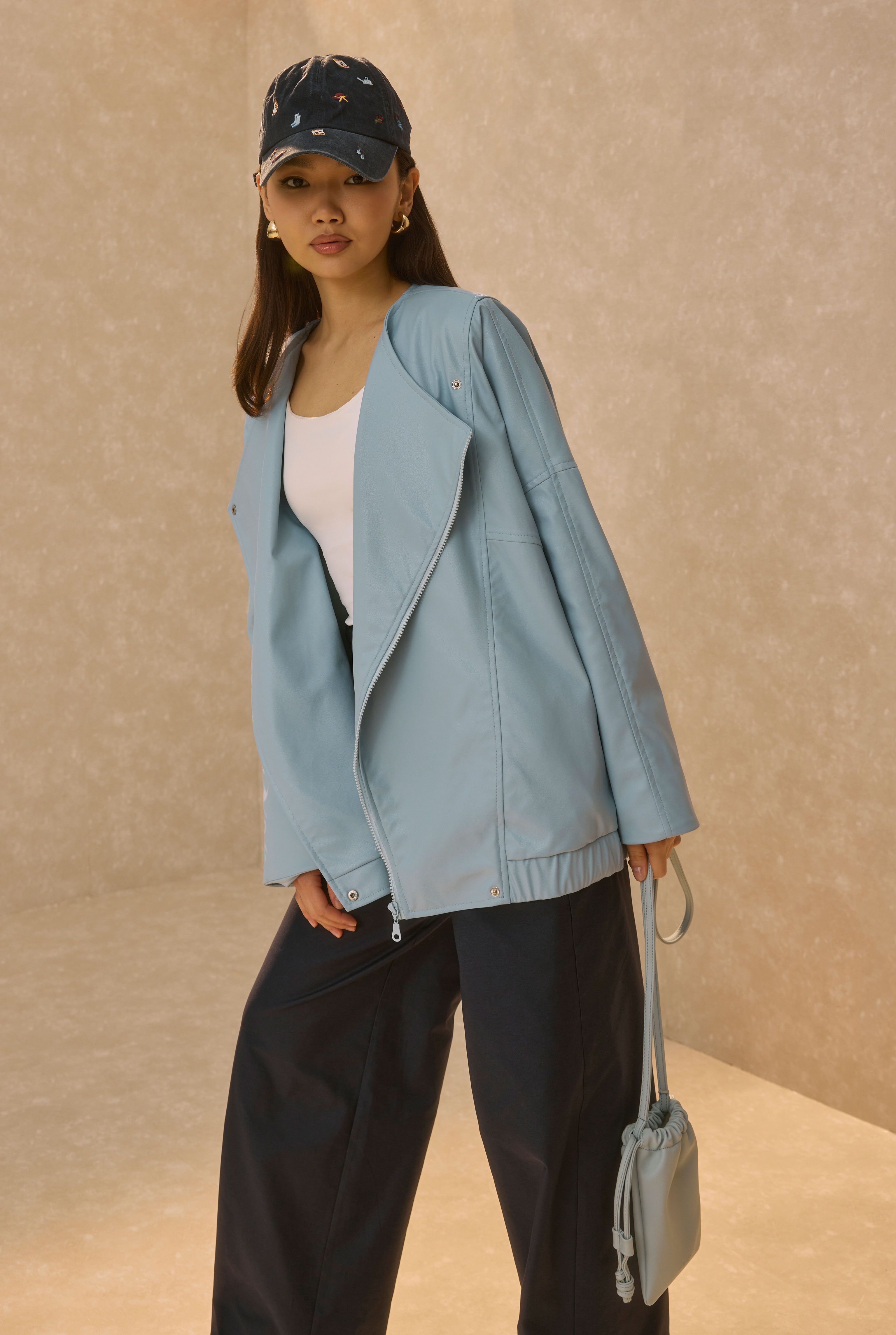 Asymmetric Cut Leather Jacket Baby Blue - 4