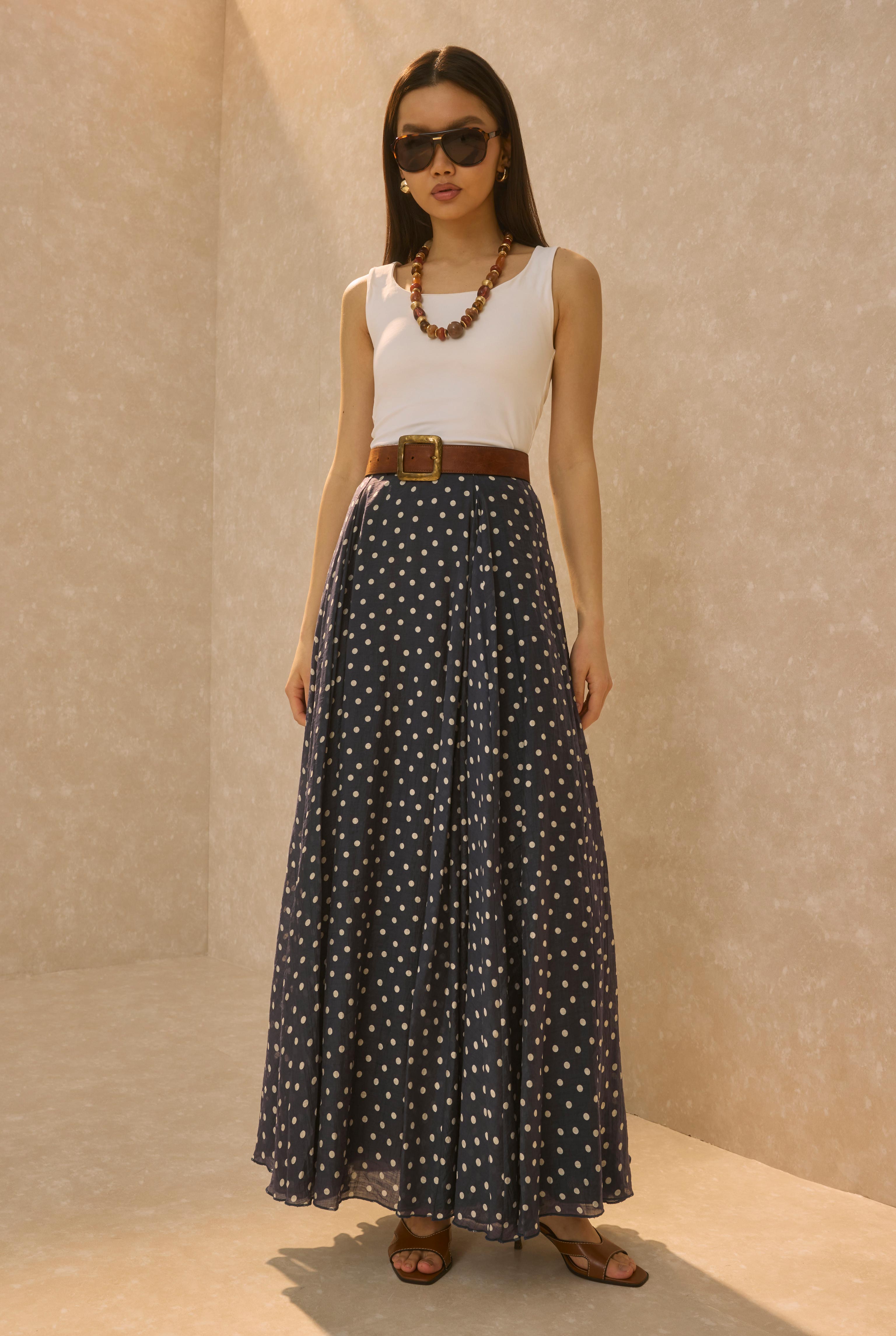  Polka Dot Print Volant Skirt Navy Blue - HE-QA