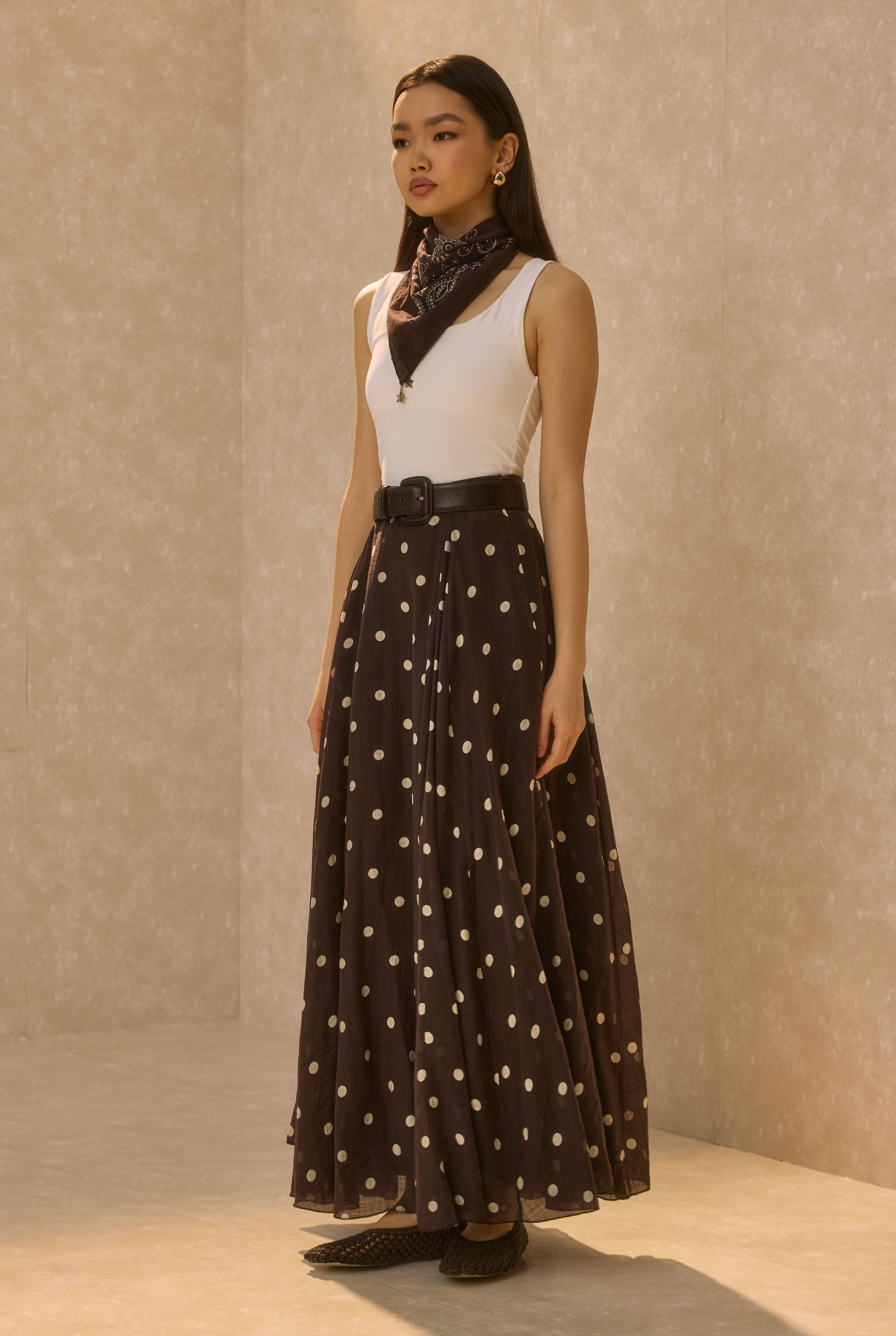 Polka Dot Print Volant Skirt Dark Brown - 2