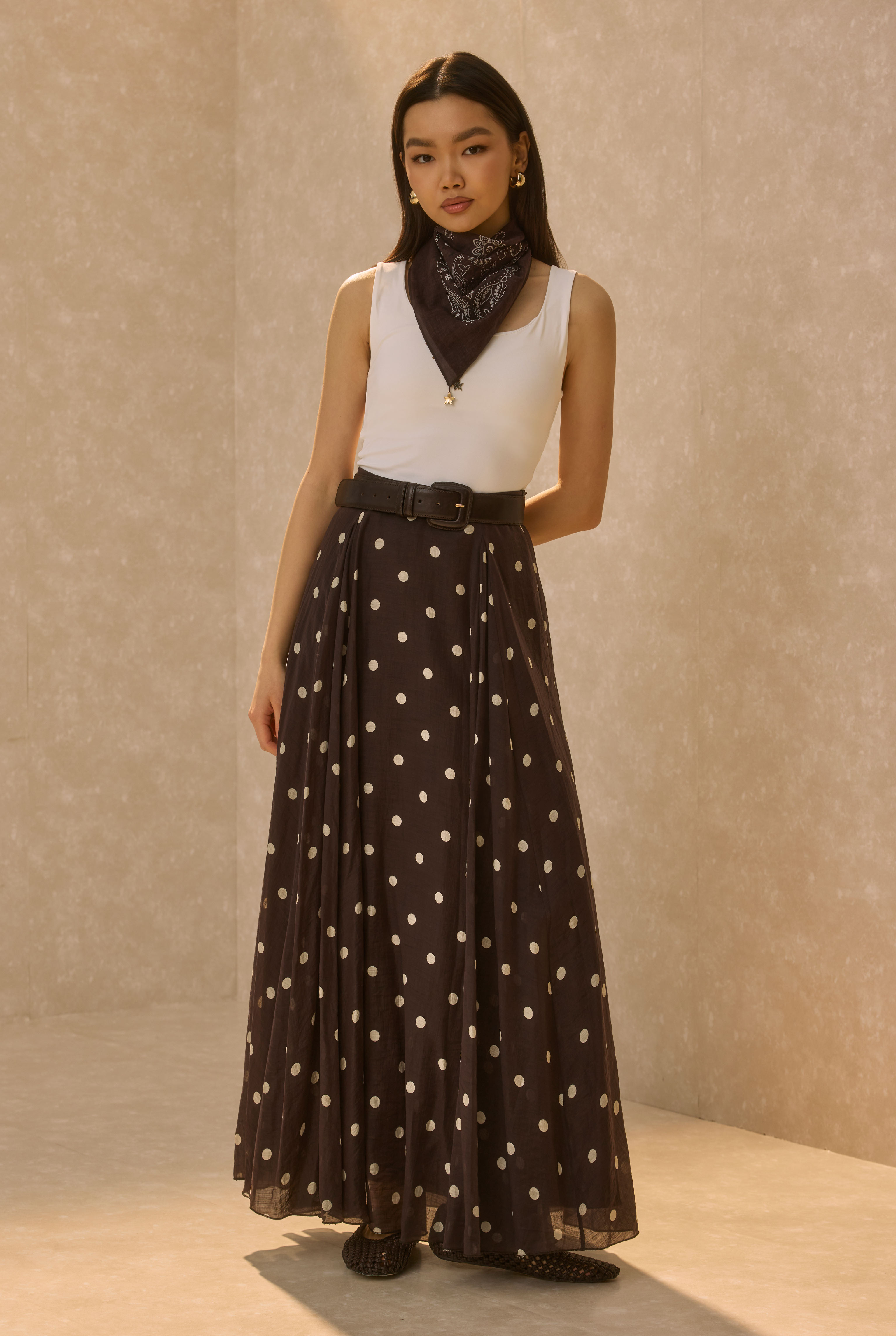 Polka Dot Print Volant Skirt Dark Brown - 3