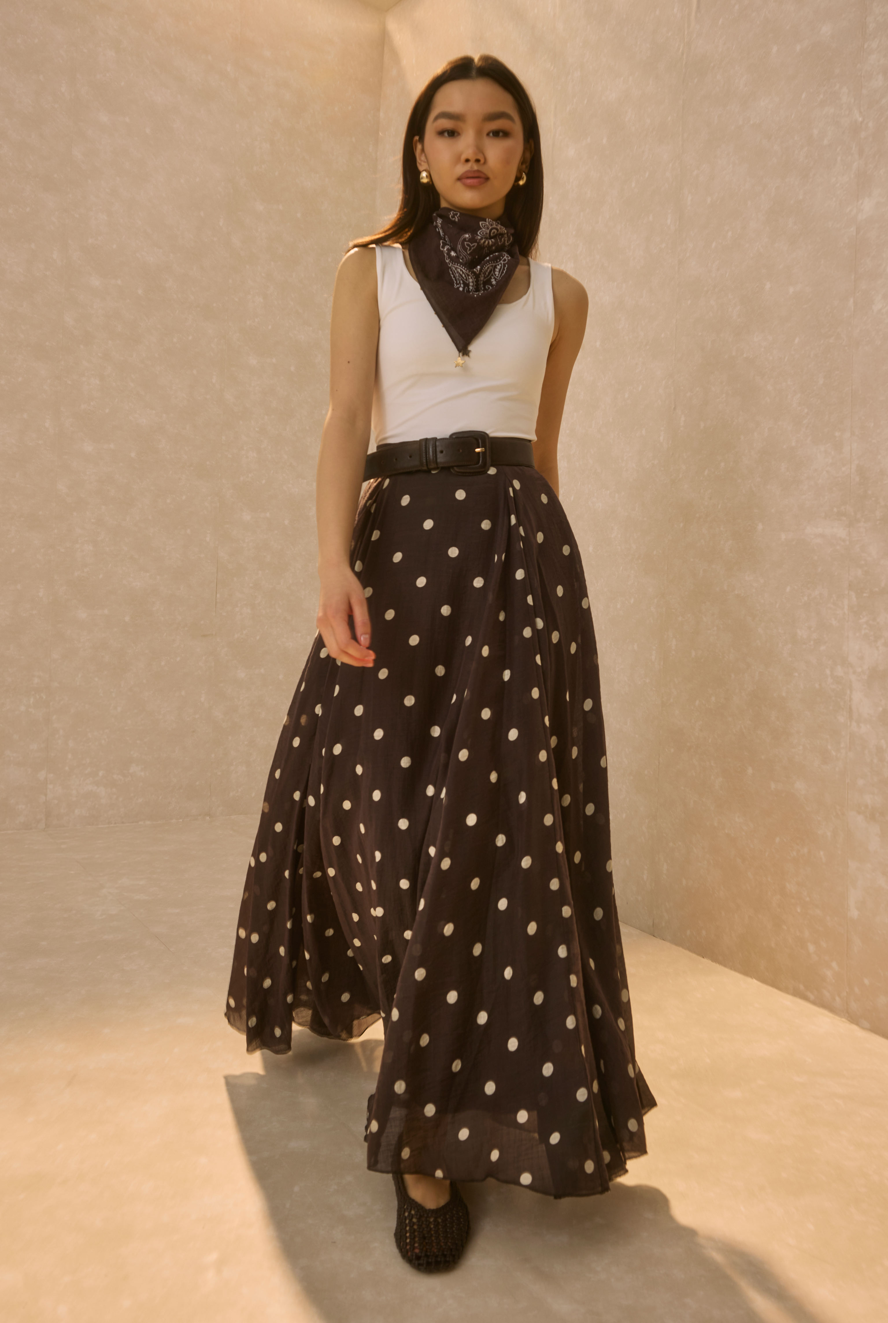 Polka Dot Print Volant Skirt Dark Brown - HE-QA