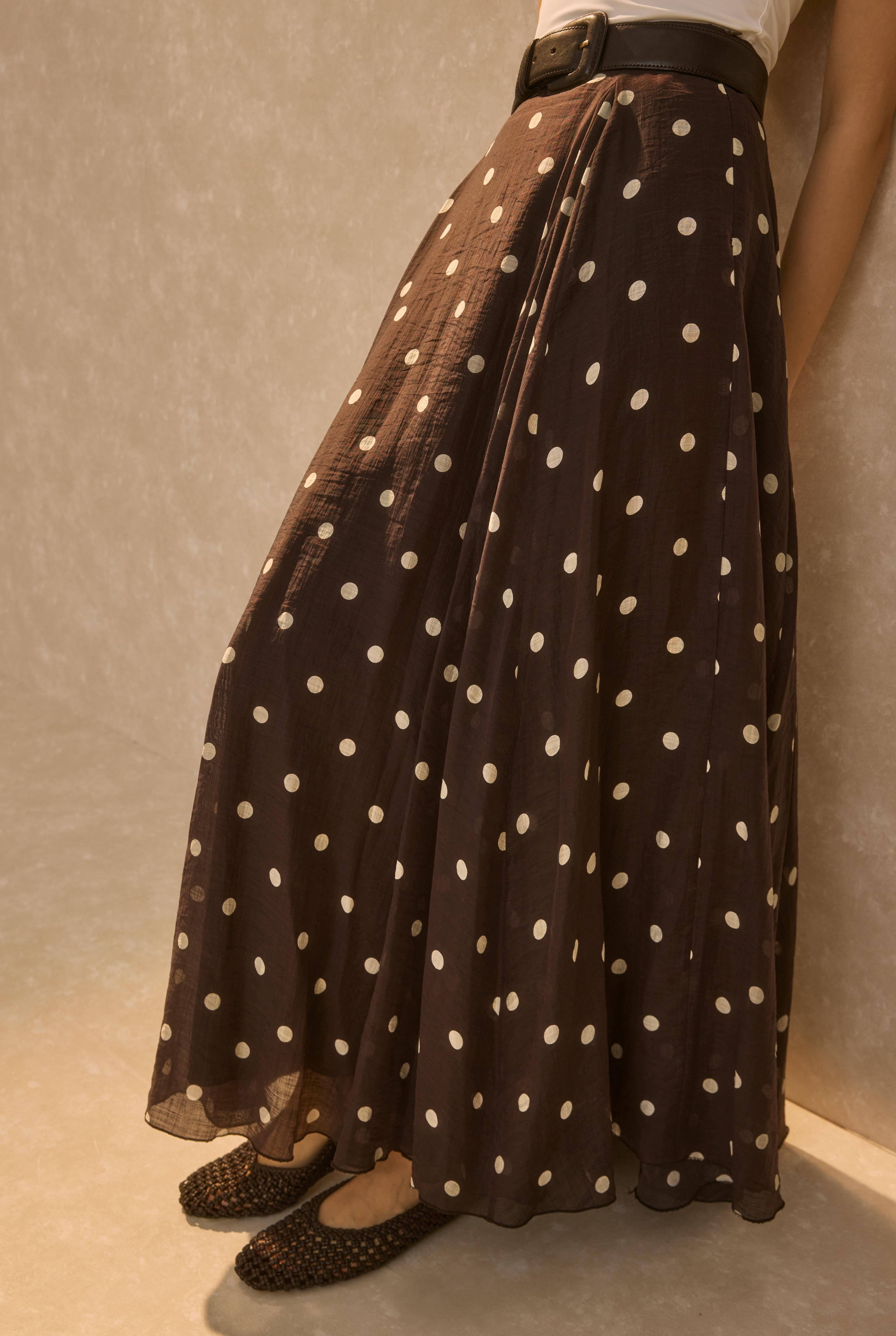 Polka Dot Print Volant Skirt Dark Brown - 4