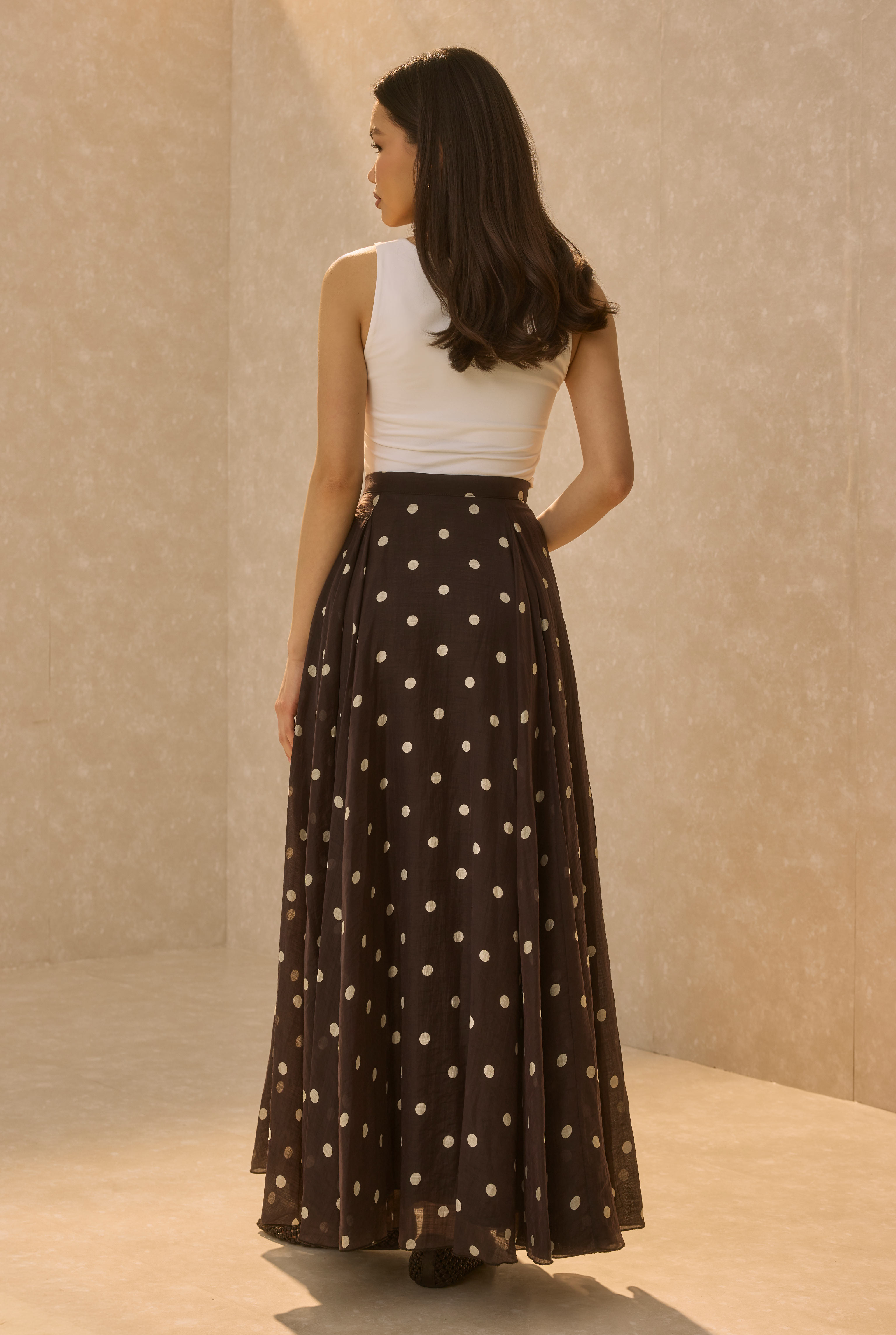 Polka Dot Print Volant Skirt Dark Brown - 5