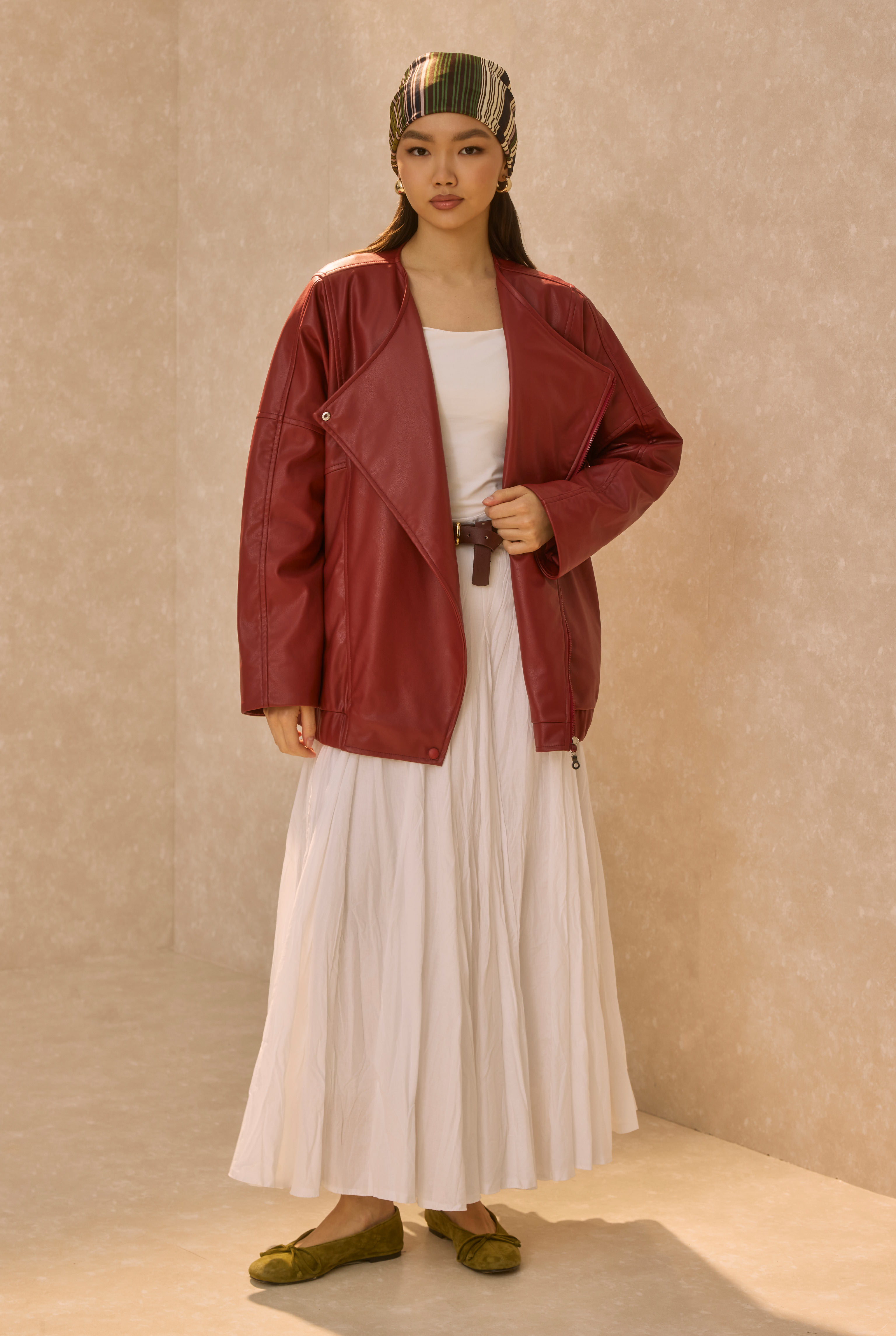 Asymmetric Cut Leather Jacket Bordeaux - HE-QA
