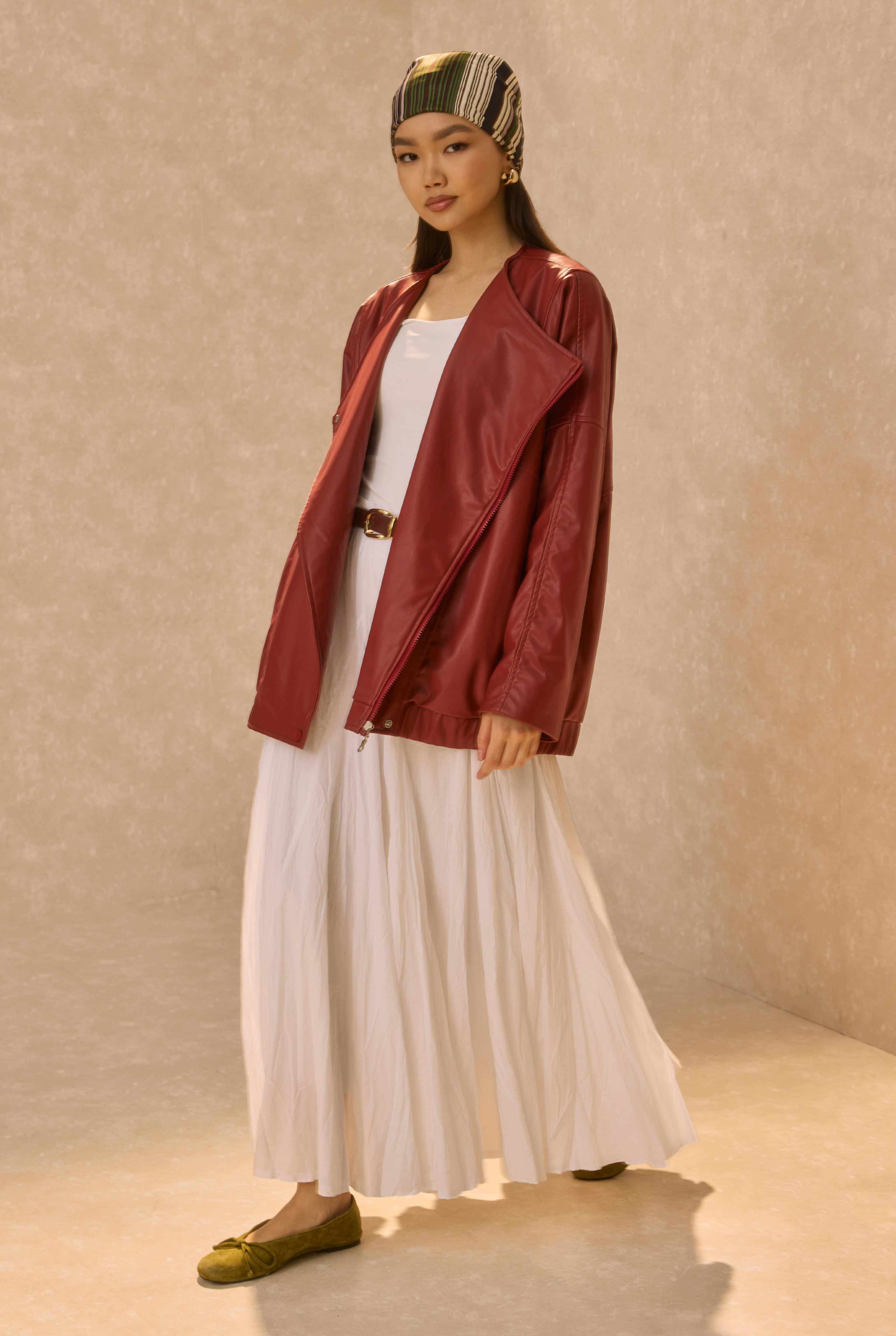 Asymmetric Cut Leather Jacket Bordeaux - 2