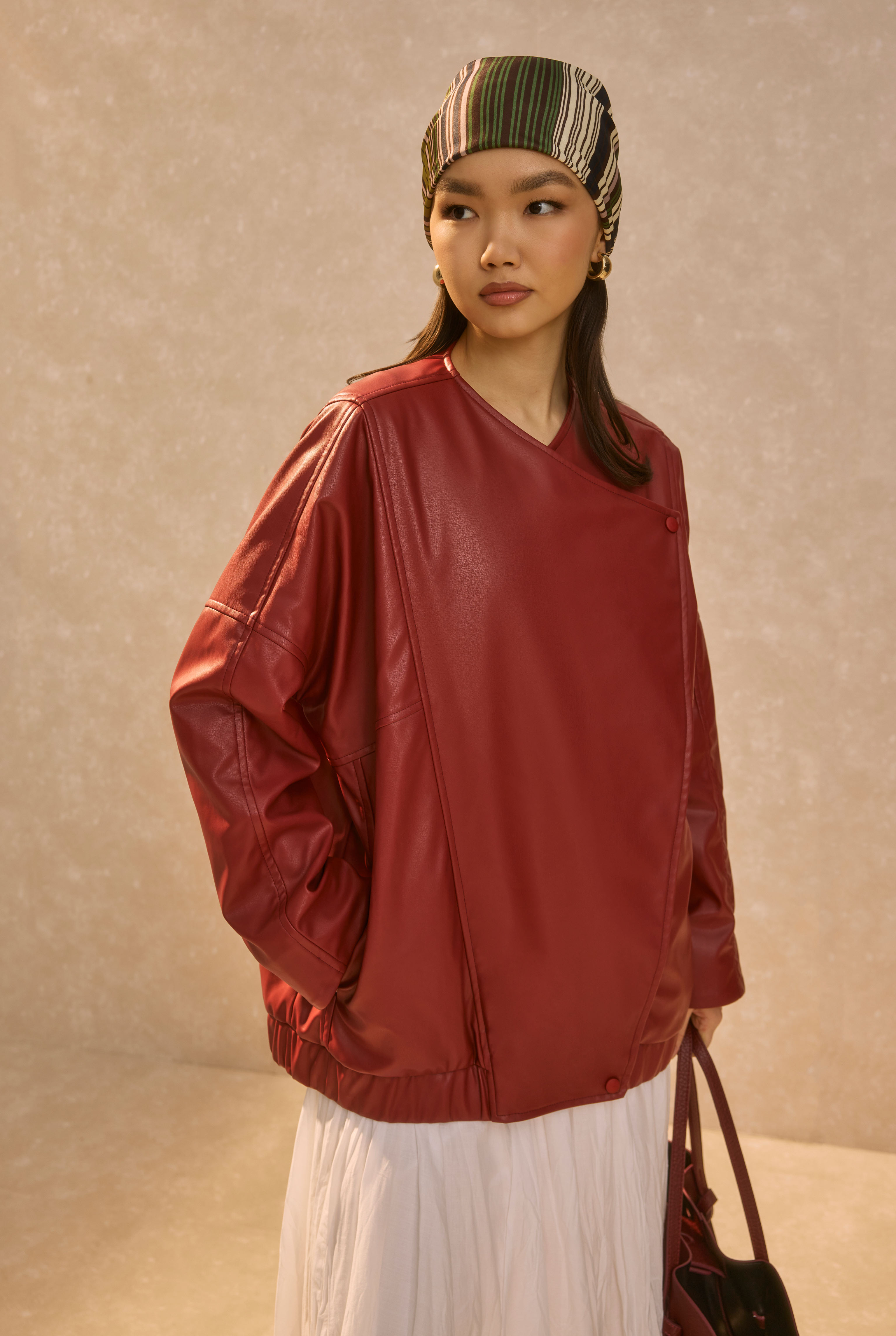 Asymmetric Cut Leather Jacket Bordeaux - 4